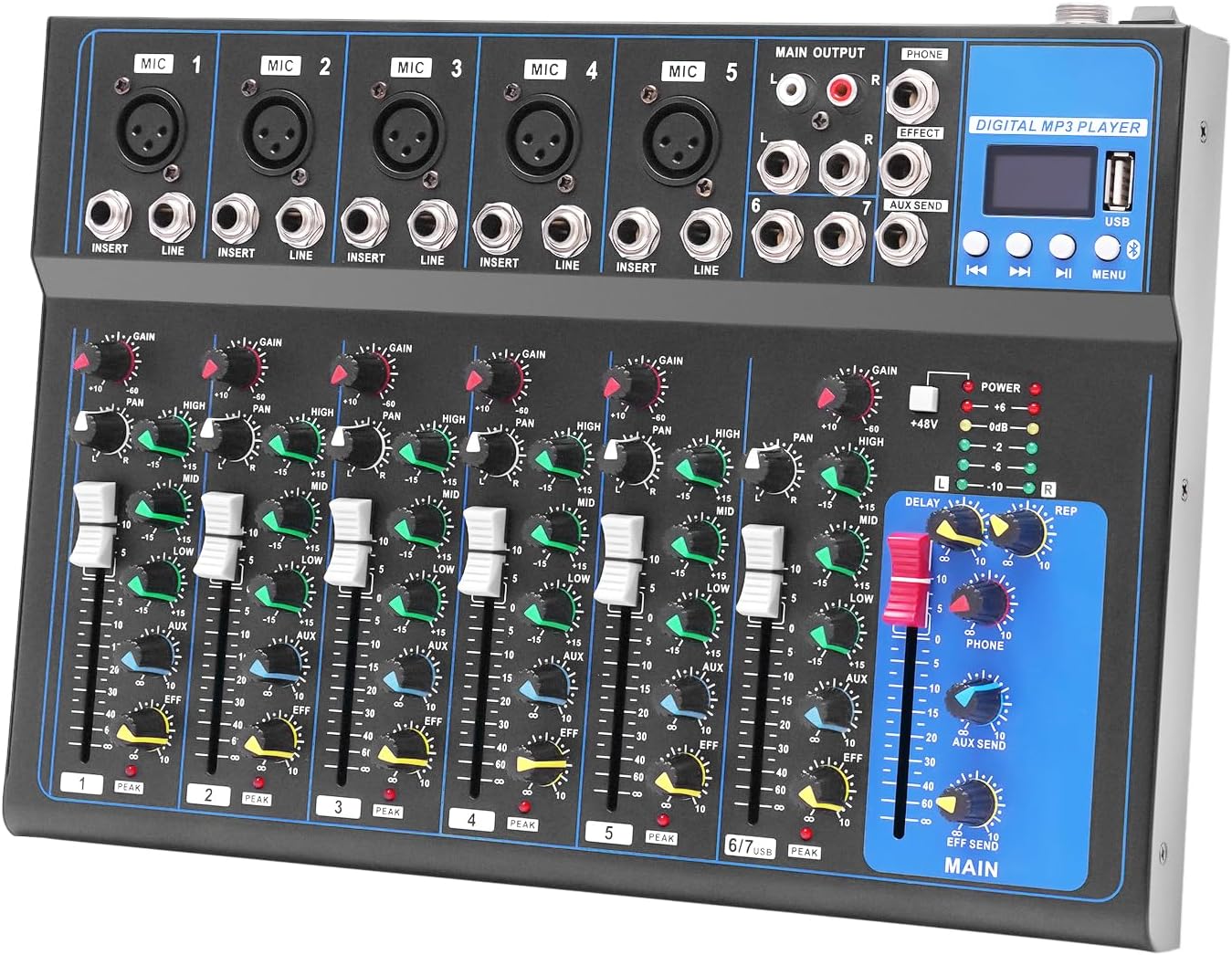 7-Channel Professional Mixer Audio Mixing Console, DJ Mixer Equipment Sound System Mixer Board w/USB, High Compatibility Desk System Interface Recording Input for Studio Karaoke Live Music