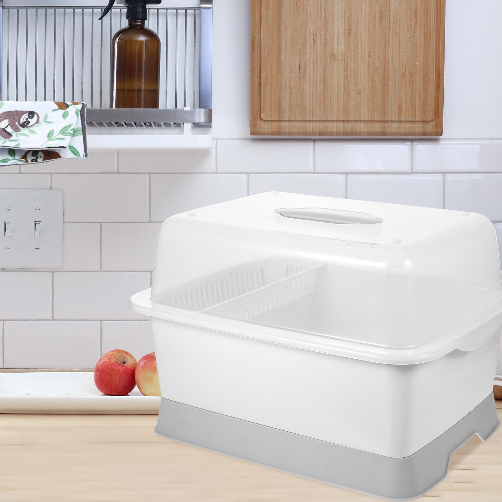 Escurridor de platos de plástico mediano con tapa, soporte para cubiertos para utensilios de cocina, ideal para fregadero y encimera, accesorio de cocina que ahorra espacio