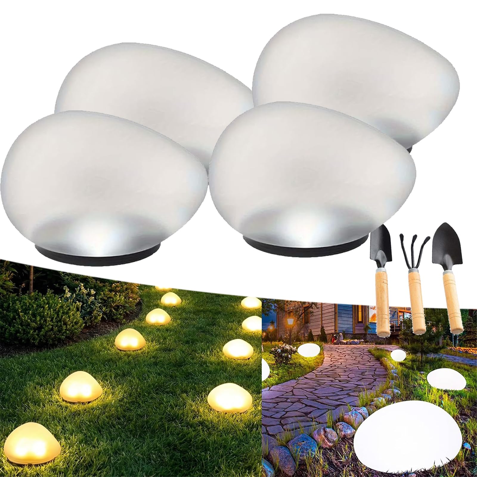 NNBWLMAEE Solar Glass Garden Pebbles, 2026 New Solar Rock Lights Outdoor, Waterproof Glow Cobblestone Lamp for Garden Paths, Stairs, Lawns, Patios, Yard Party Decorations (White,4pcs)