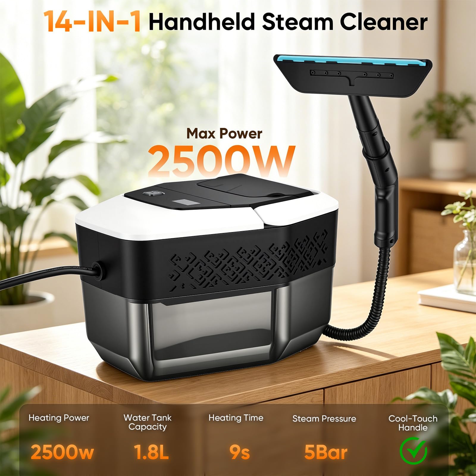 Dampfreiniger Handgerät 2500W mit Druck, 10s Aufheizzeit, 1,8L Wassertank, Handdampfreiniger mit Zubehör für Auto, Zuhause, Küche