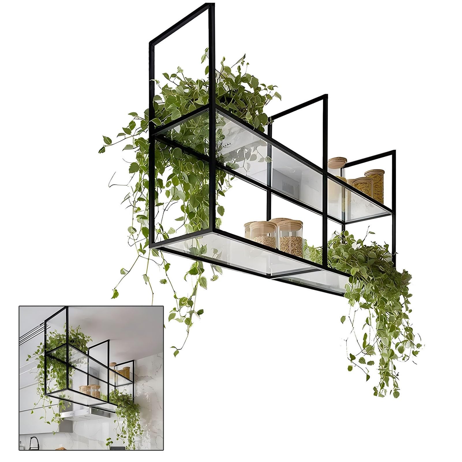 Mensola sospesa a soffitto, mensole Decorative galleggianti per Soggiorno, Bar, Cucina, pentole, padelle, Porta spezie, portabottiglie, 60 cm ~ 150 cm, Porta Piante e Fiori (60 x 30 x 80 cm)