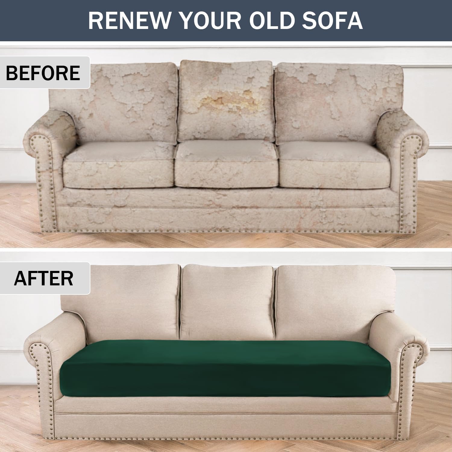 Stretch Cushion Cover, Soft Velvet Plush Cushion Slipcovers Loveseat Sofa Covers Couch Seat Covers Furniture Protector with Elastic Bottom (Green, X-Large)