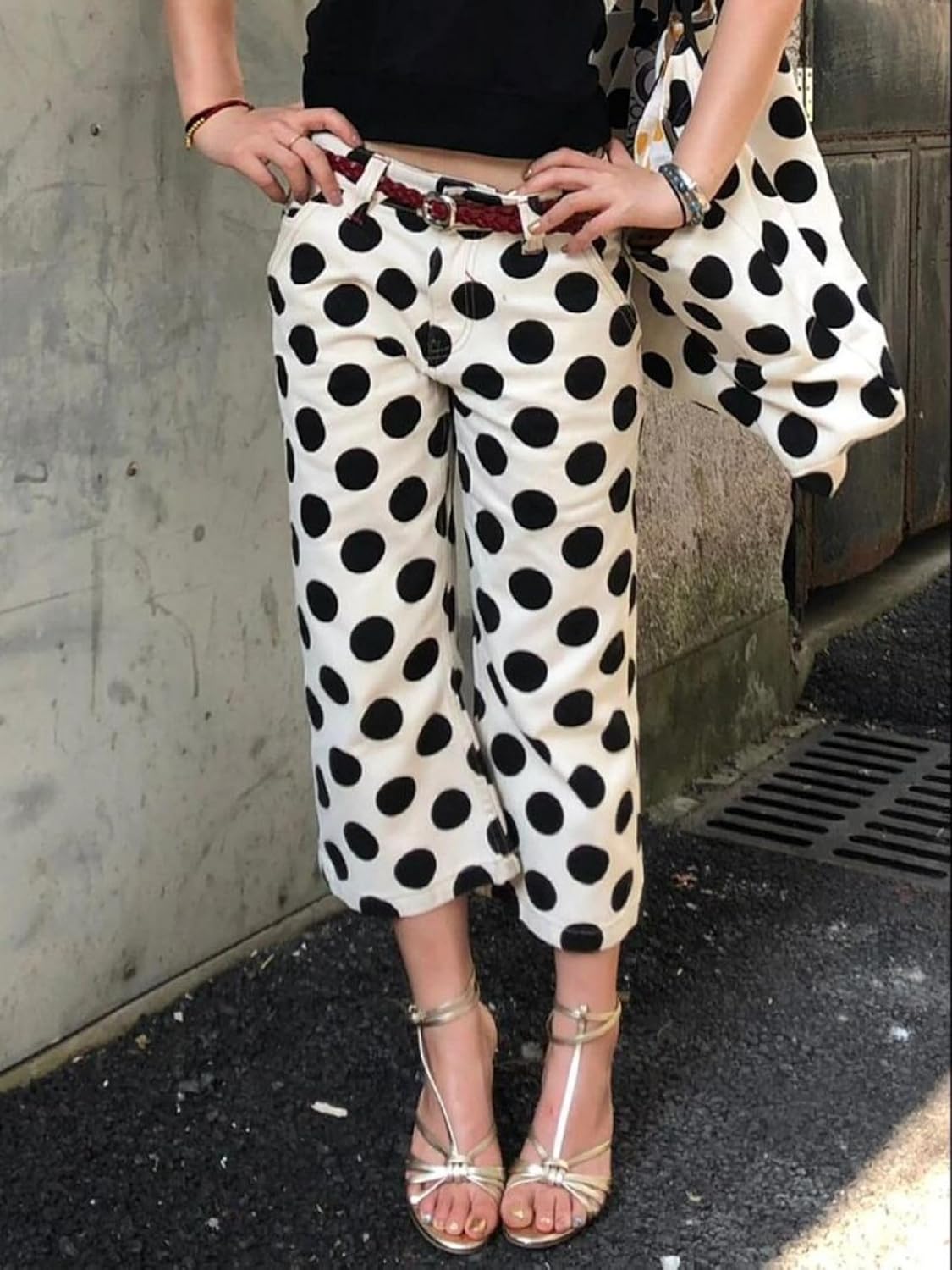 Y2K Polka Dot Capri Pants Flare Cropped Jeans Vintage Low Rise Wide Leg Trousers Casual Retro