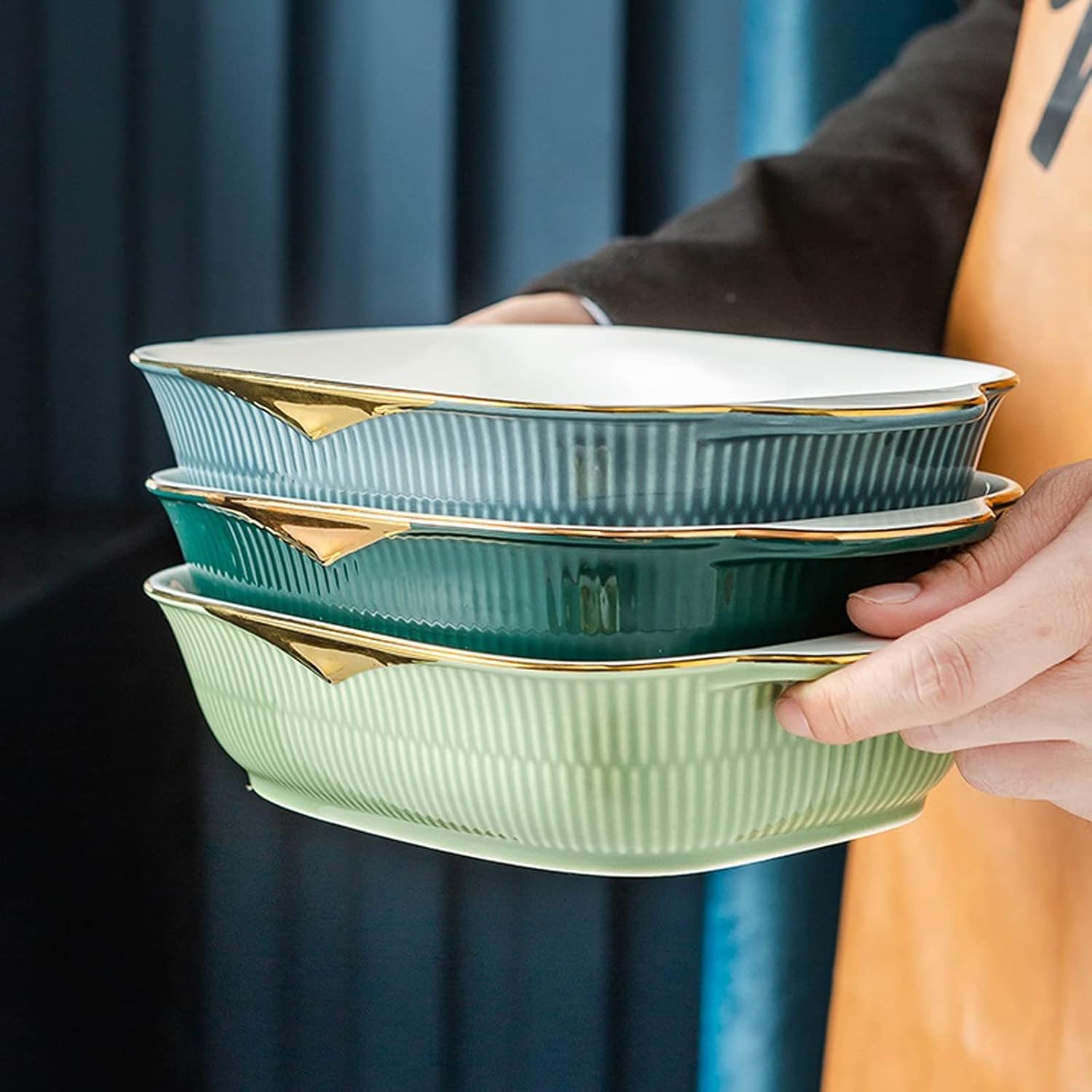 Baking Dish Household Baking Dish Ceramic Binaural Ovenware Kitchen Cheese Pizza Bake Pan Oven Use Rectangle Gold Plating Dish Lasagna Pans (Color : White) (Mug)