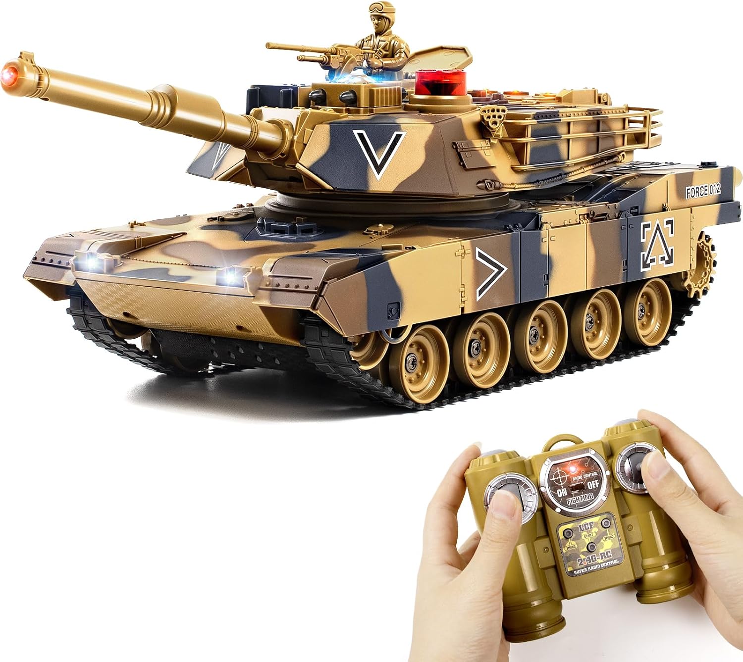 1/24 RC Tank, US M1A2 Army Toys with Sound Effects, Lights and Smoke, 2.4GHz Remote Control Tank for Boys, Infrared Battle Toy with Smoke and Sound Effect Gift for Kids Aged 4+