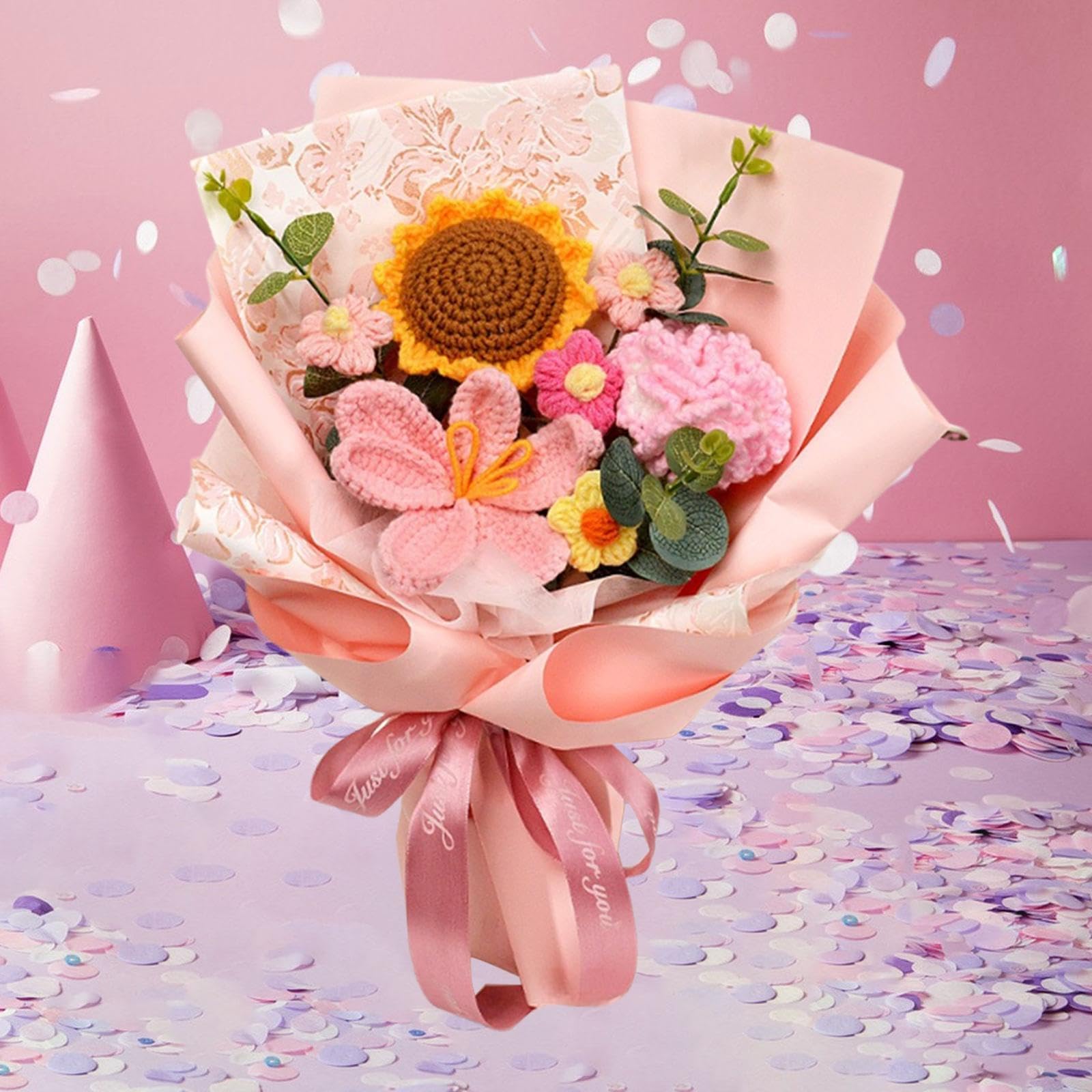 LOVIVER Ouncinetto Flower Bouquet Regalo per la festa della mamma dalla figlia Son Artificial Home decorazioni a maglieria per Mom Donne, Garofano Rosa