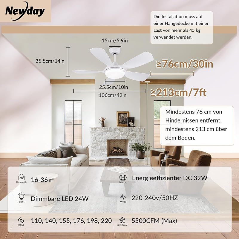 Newday 106 cm Mennyezeti Ventilátor Távirányítóval, Dimmelhető LED Világítással, 5 Lapátos Motor, Hálószobához és Nappalihoz