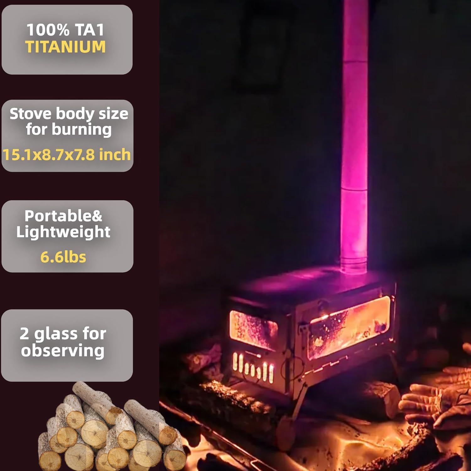 DANCHEL OUTDOOR Backpacking Large Hot Tent w/Stove Jack, Portable Tipi Tent with TSG Titanium Folding Wood Stove for 4-6 Person Winter Camping Hunting, 5m/16.4ft