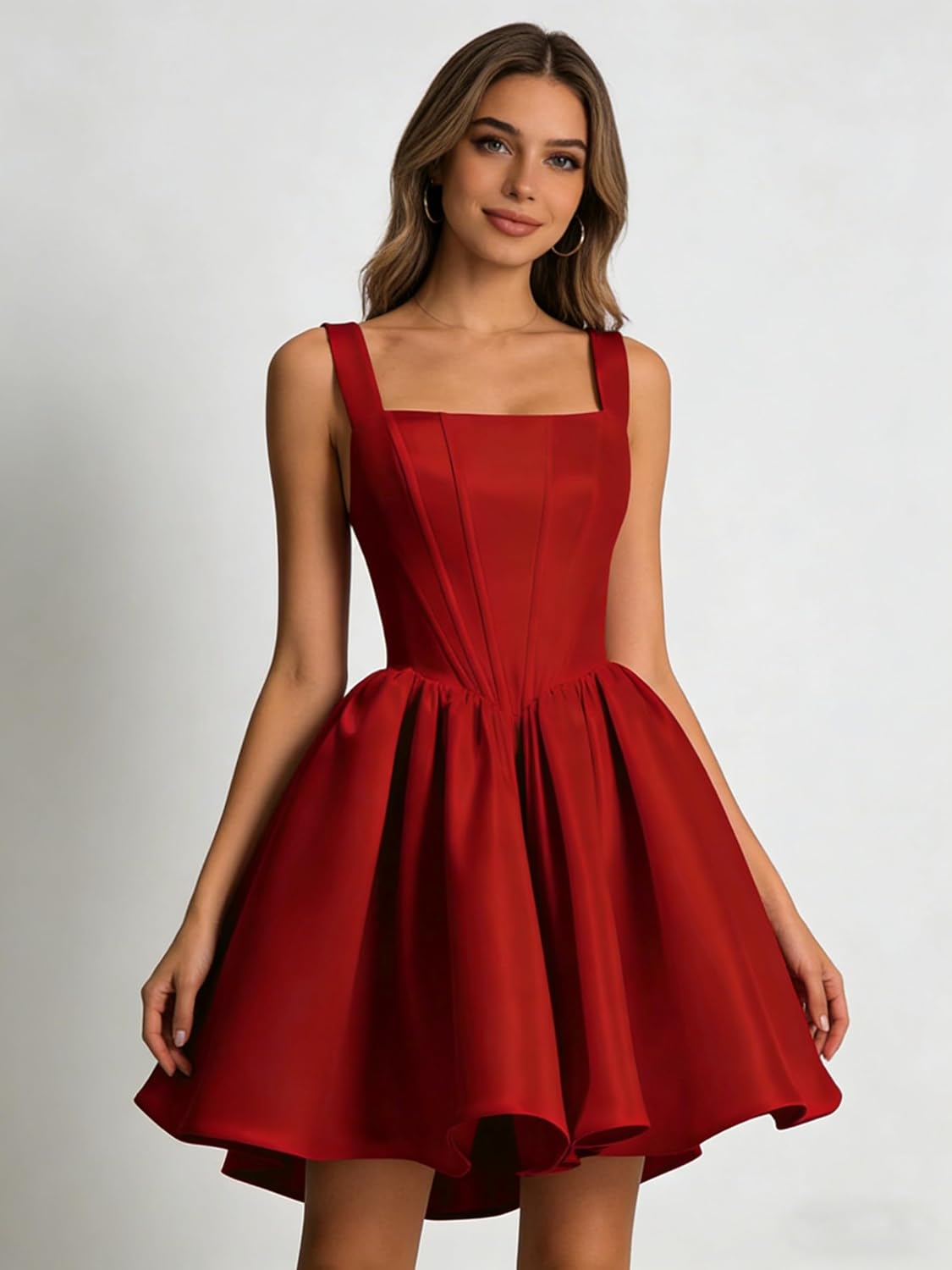 Women's Satin Square Neck Homecoming Dress 2026 Short A Line Corset Back Prom Cocktail Party Gown H002