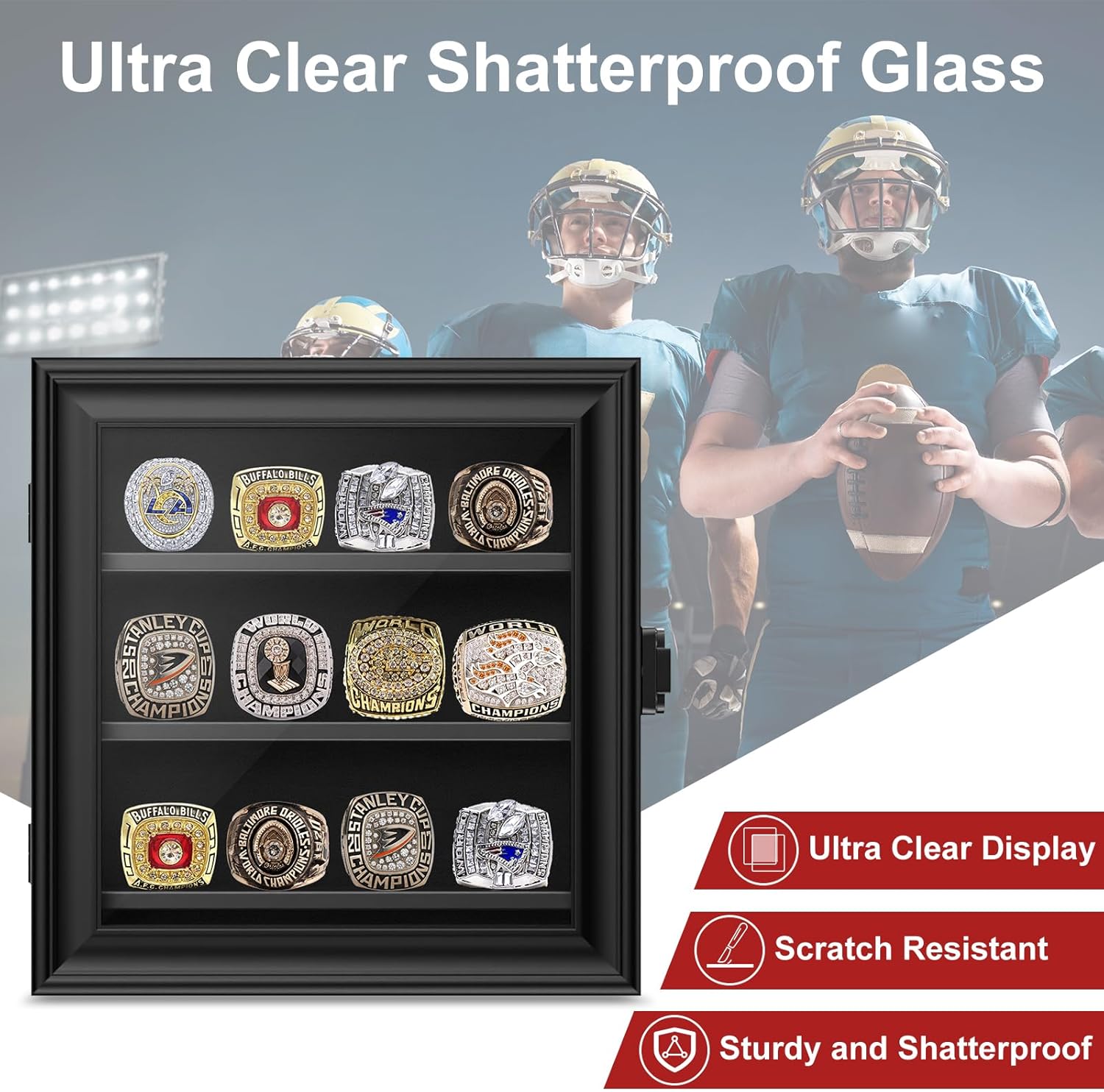 Championship Ring Display Case, 12 Ring Posts Baseball Ring Holder, Wall Mount Wooden Shadow Box for Multiple Championship Rings
