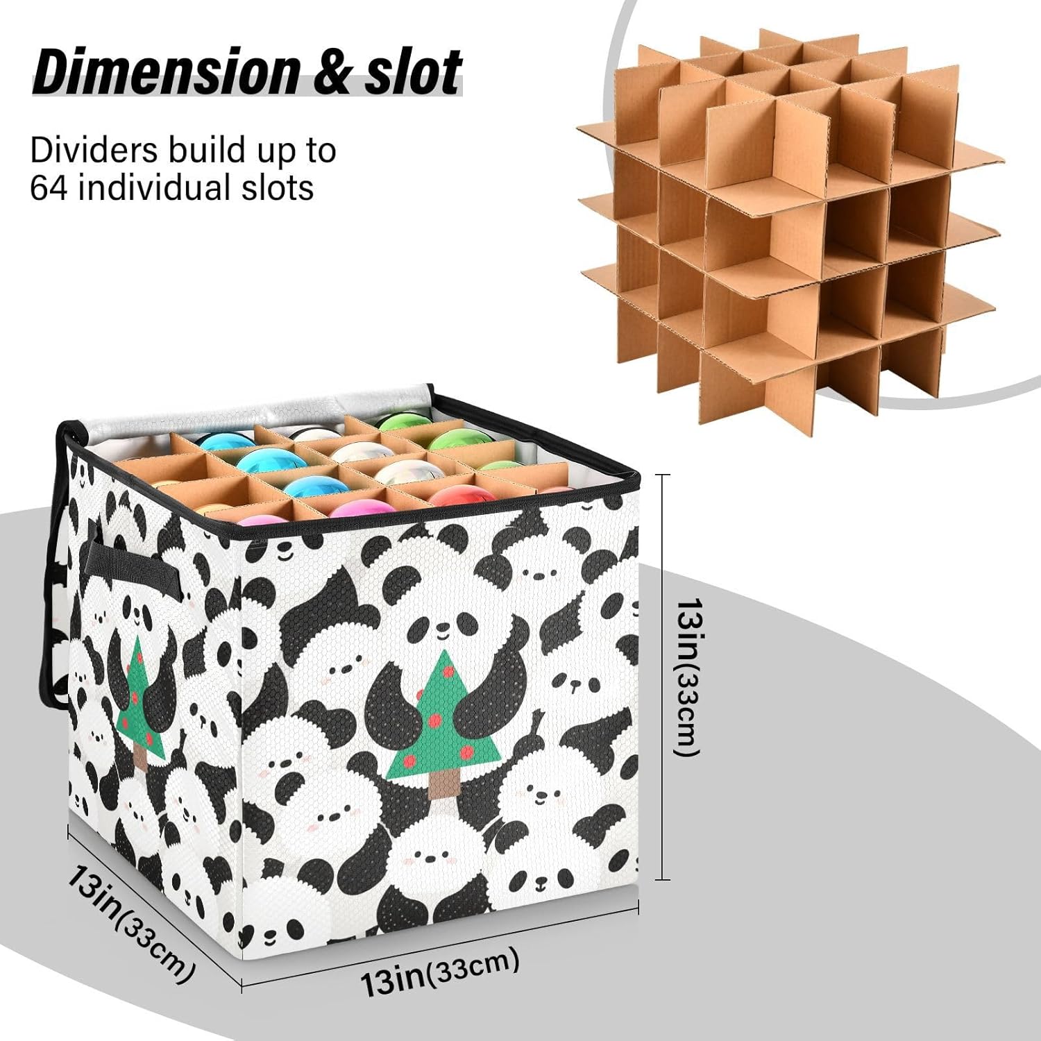 High Capacity Christmas ornament organizer Holds Up to 64, Adjustable Dividers stackable Holiday Storage Case with Lid,Cute Pandas Christmas Tree