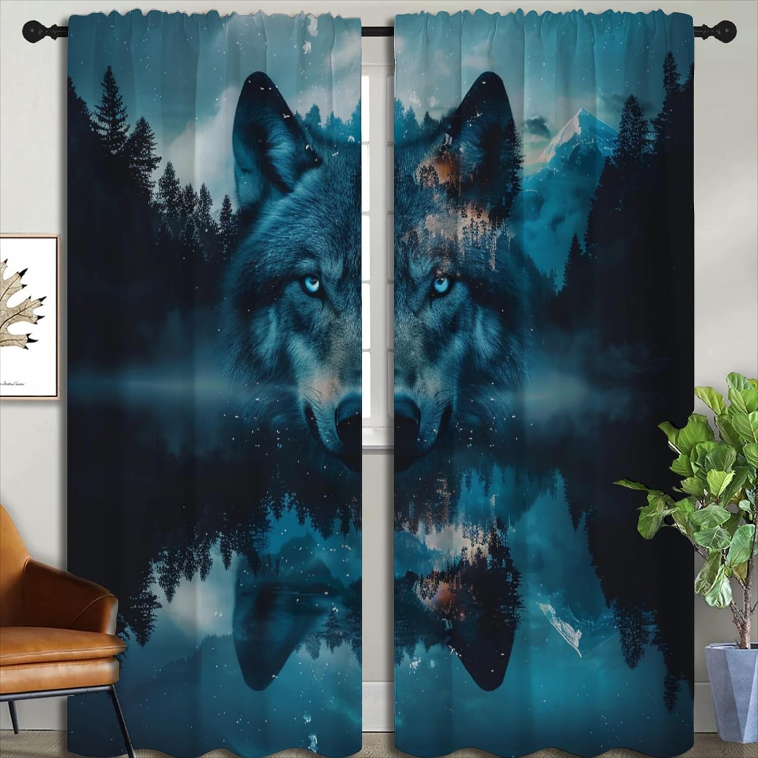 Wolf Blackout Curtains for Boys Girl Bedroom Home Decor, Wildlife Misty Forest Starry Sky Mountains Abstract Art Thermal Insulated Rod Pocket Darkening Living Room Window Drapes, 72 x 63 inch
