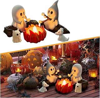 3D Ghost Campfire Gathering Night Light with Flickering Flames - Spooky Halloween Decor, Funny Roasting Marshmallows Scene with Pets, for Christmas/Gift
