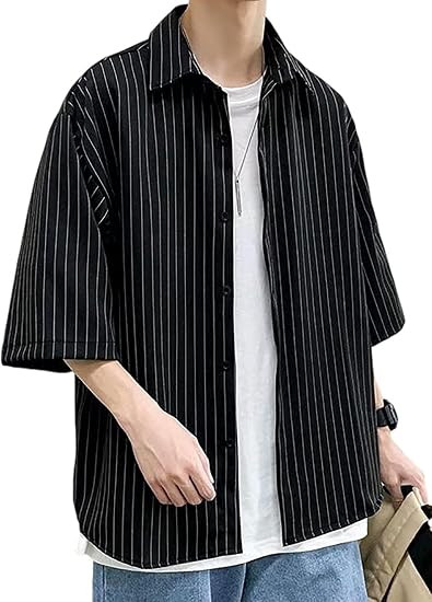 Monotory] シャツ メンズ 五分袖 ストライプ柄 半袖シャツ カジュアル 
