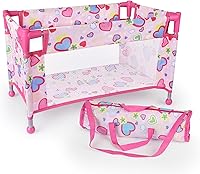 Vista 2 de Cuna de muñeca de bebé de juguete para muñecas de 18 pulgadas, bonita cama de muñeca con diseño de corazón rosa con bolsa de transporte, muebles