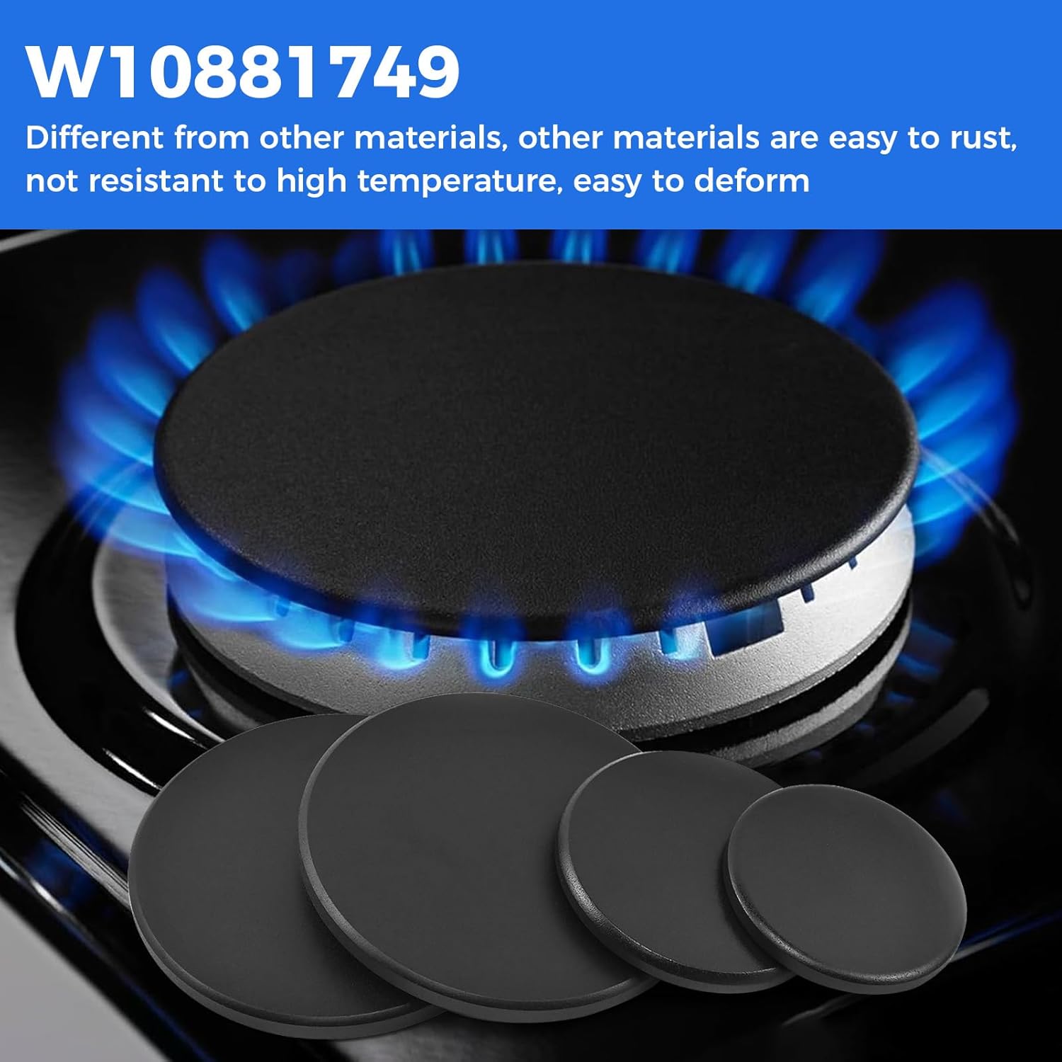 W10881749 Burner Cap Set for Whirlpool Stoves Gas Stove Burner Covers Surface Burner Cap Set Replaces W10850506 Fit WFG320MOBW2 WFG550S0HZ MGR6600FZ WFG525S0HS MGR8800FZ WFG525S0HZ Models - 4Piece