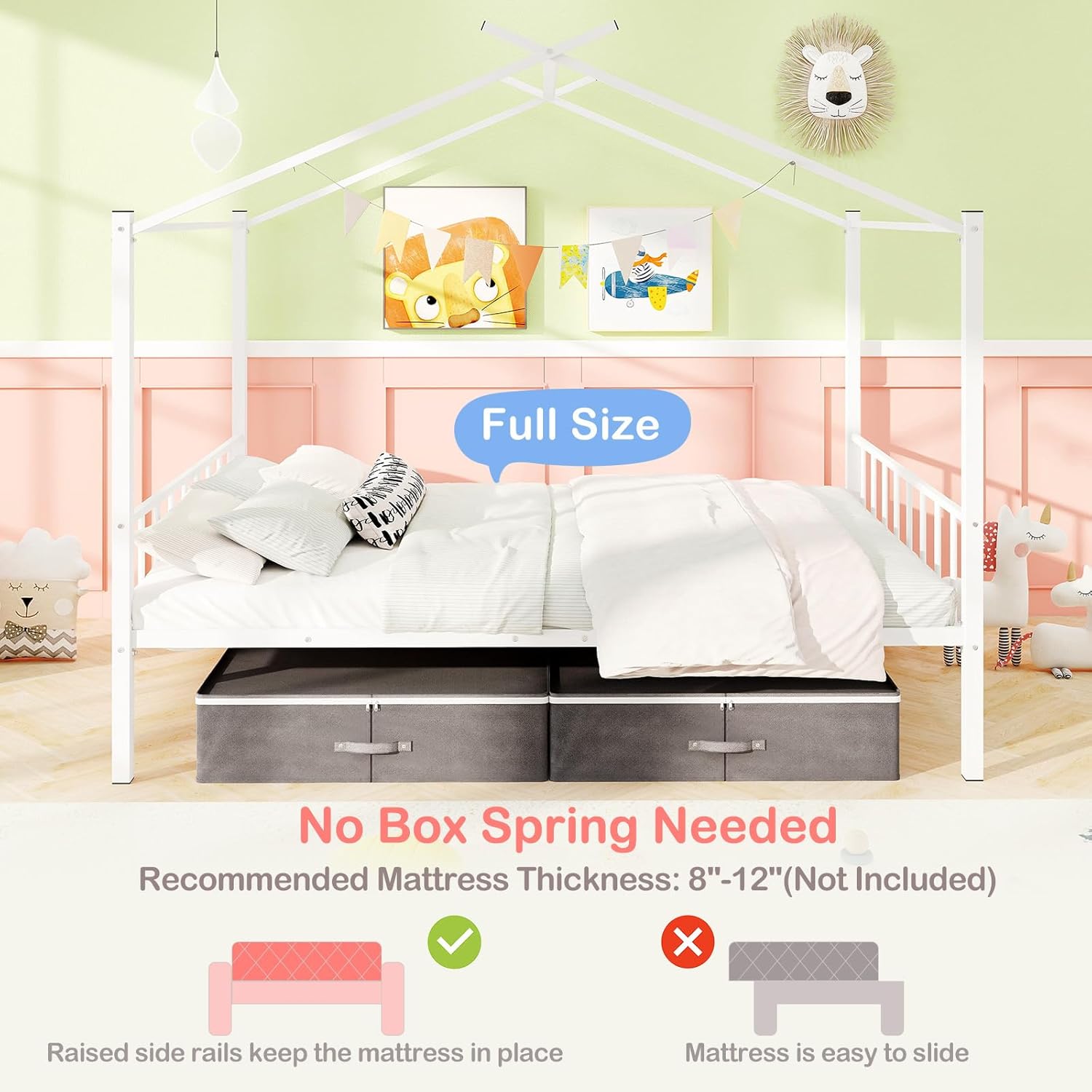 Giantex Full Size House Bed with 2 Storage Drawers, Metal Montessori Bed Frame with Headboard & Footboard, Full House Beds for Kids Girls Boys, No Box Spring Needed, Noise Free (White)