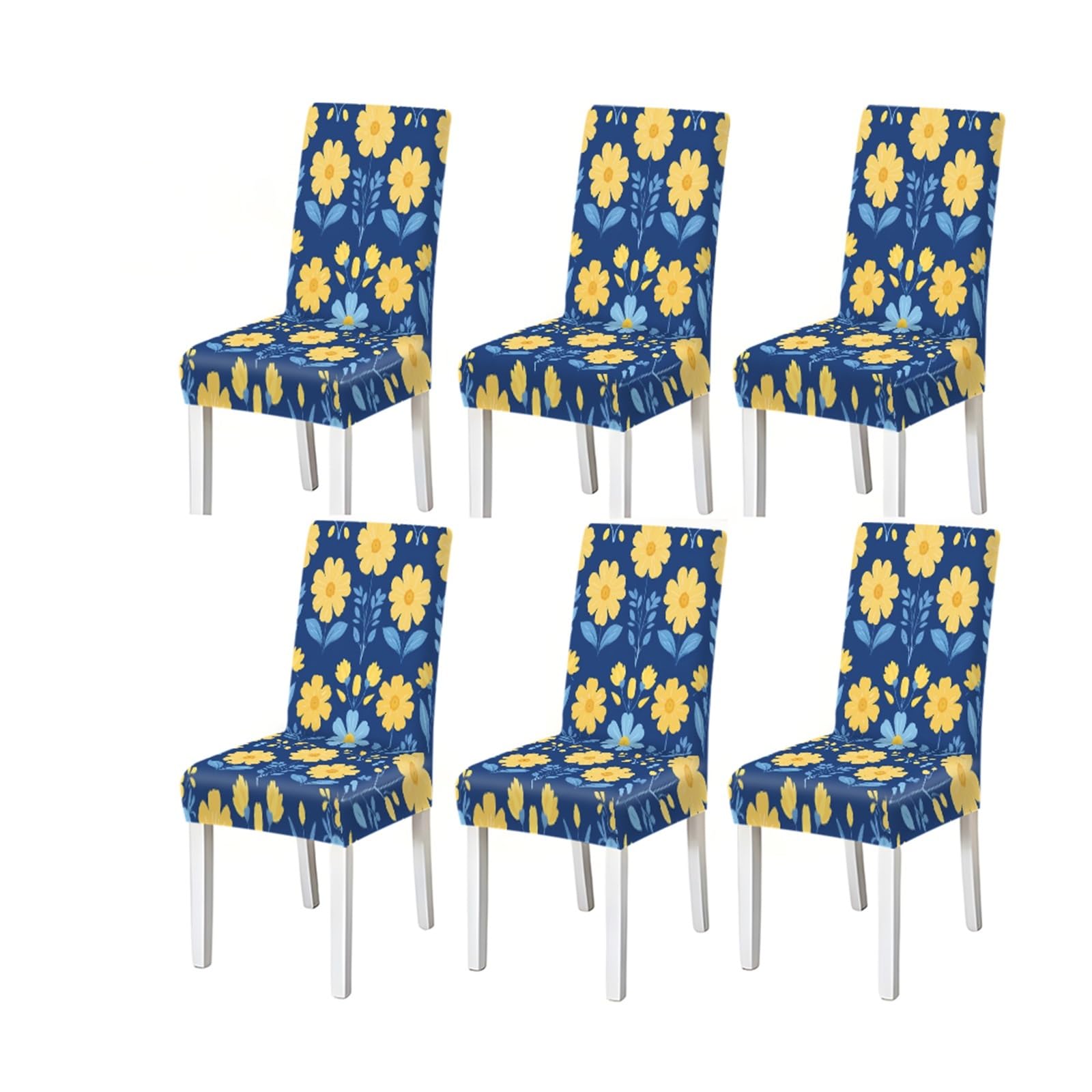 Cheerful Blue Yellow Floral Pattern Print Stretch Dining Chair Covers Set Of 2/4/6, Slipcovers For Kitchen Dining Room Living Room Café Removable Stretch Slipcovers for Dining Chairs(6PCSChair cover)
