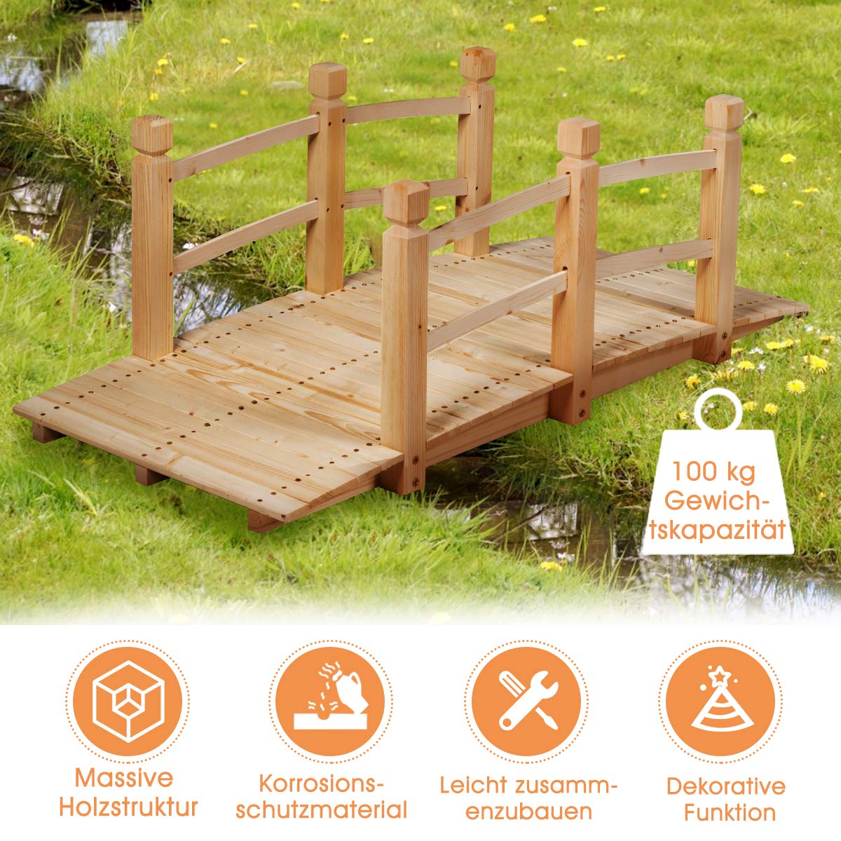 COSTWAY Brücke, Teichbrücke Gartenbrücke, Holzbrücke mit Geländern, Zierbrücke bis 180 kg belastbar, aus massivem Tannenholz, Dekobrücke für Garten Teich Außenbereich, 150 x 67 x 55 cm (Natur)