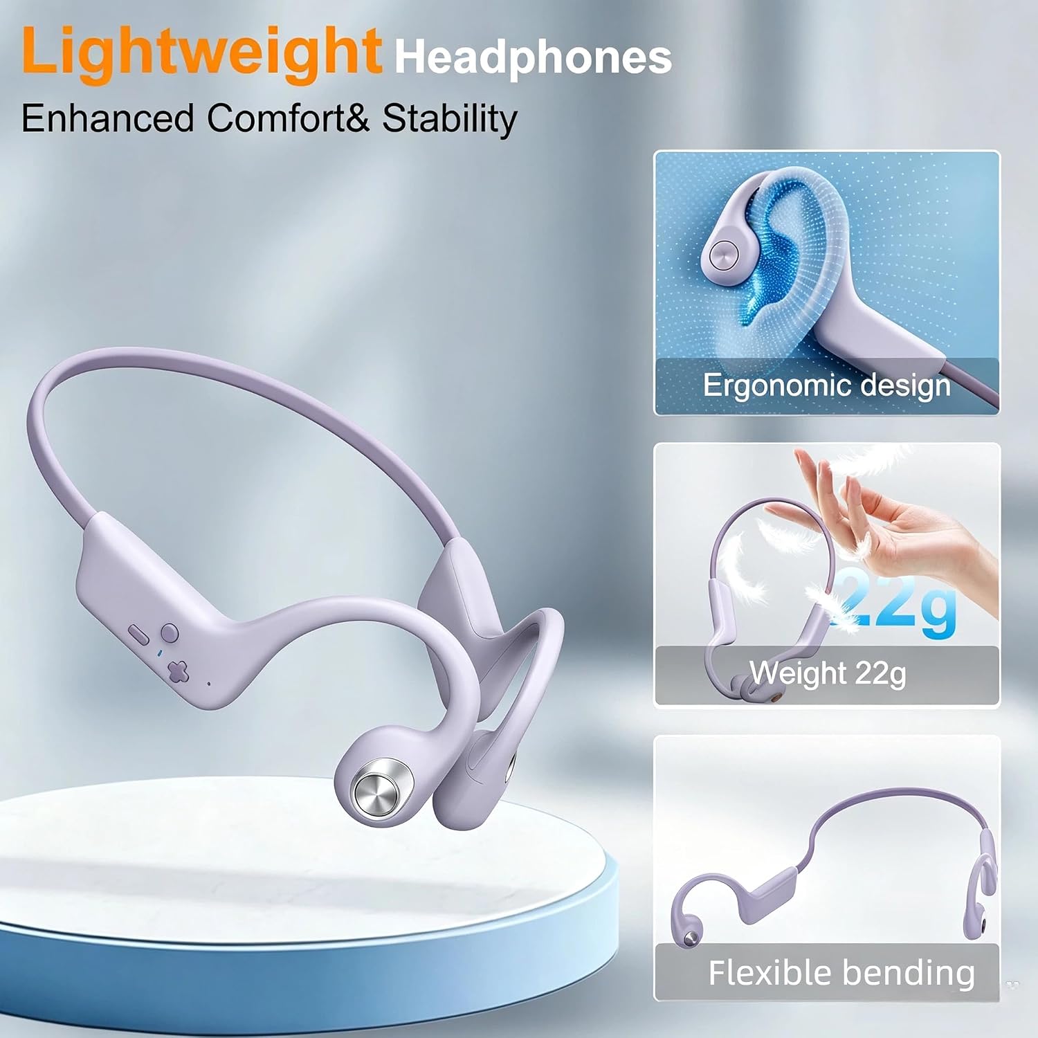 2026 Bone Conduction Bluetooth 6.0 Headphones, Open-Ear Headset with Mic, Type-C Charging, 10-Hour Battery Life, IPX5 Sweatproof, Dual-Device Connection, 22g Comfort, for Office &  (Purple thumbnail
