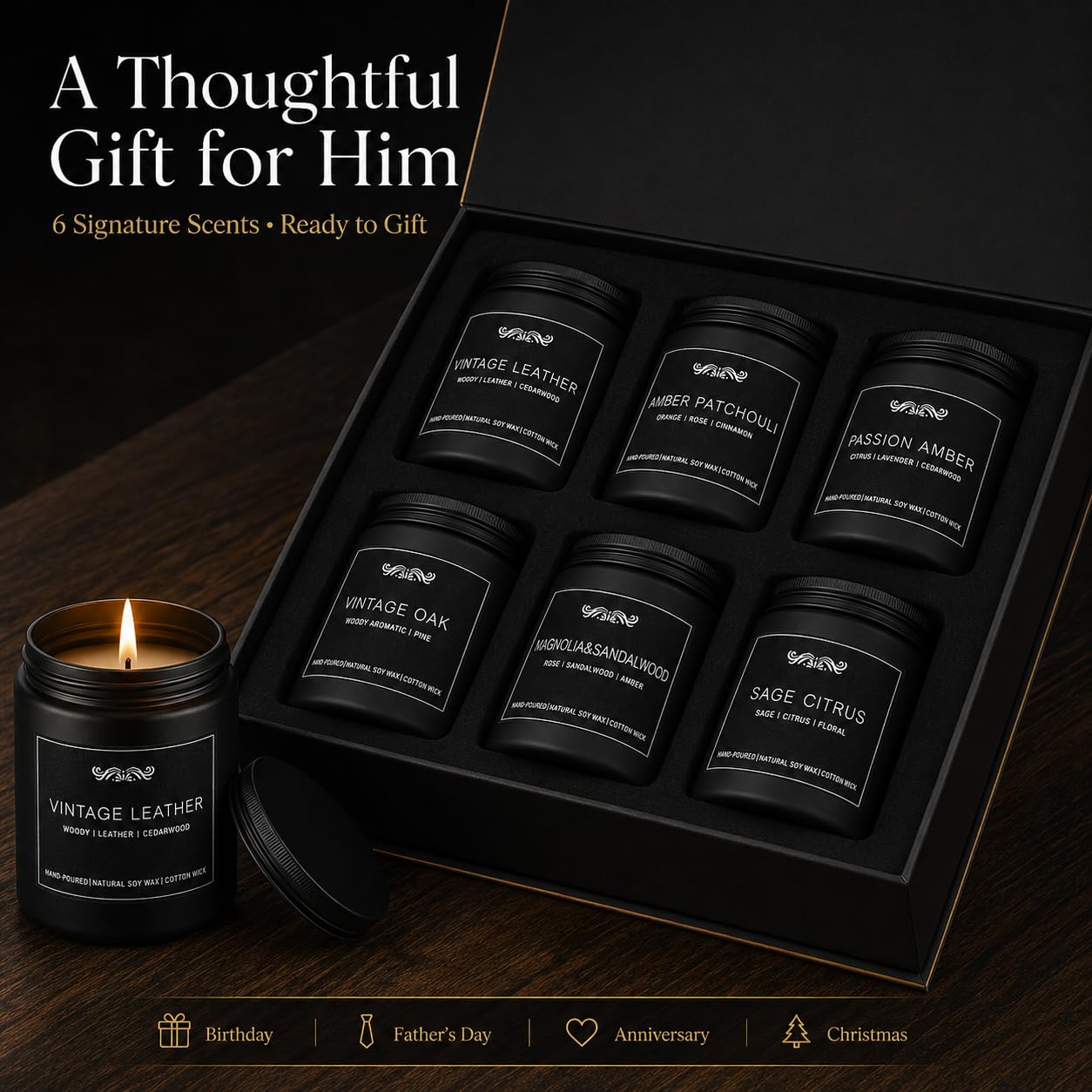 Confezione da 6 candele profumate per aromaterapia per la casa, set regalo per uomini, set di candele da uomo, 1071,6 g, candele a lunga durata 300 ore, regalo di compleanno, San Valentino, Natale,