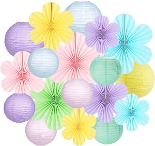 DODOKIM Pastel Party Decorations Paper Lanterns Flower Fans 18pcs