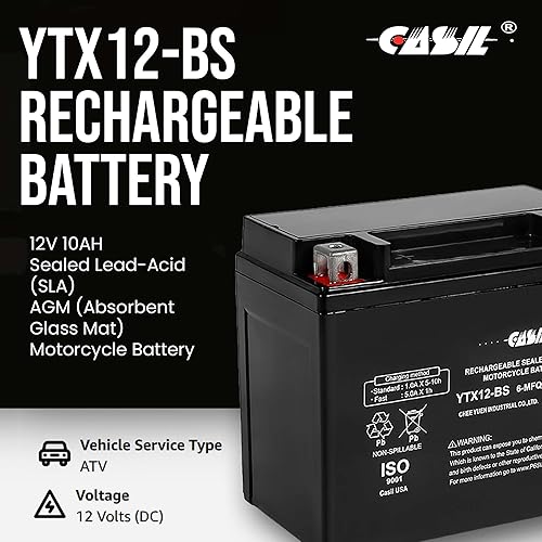 Vista 2 de Batería YTX12-BS 12V 10Ah 180 CCA - Batería de alto rendimiento AGM SLA para deportes de potencia de Casil