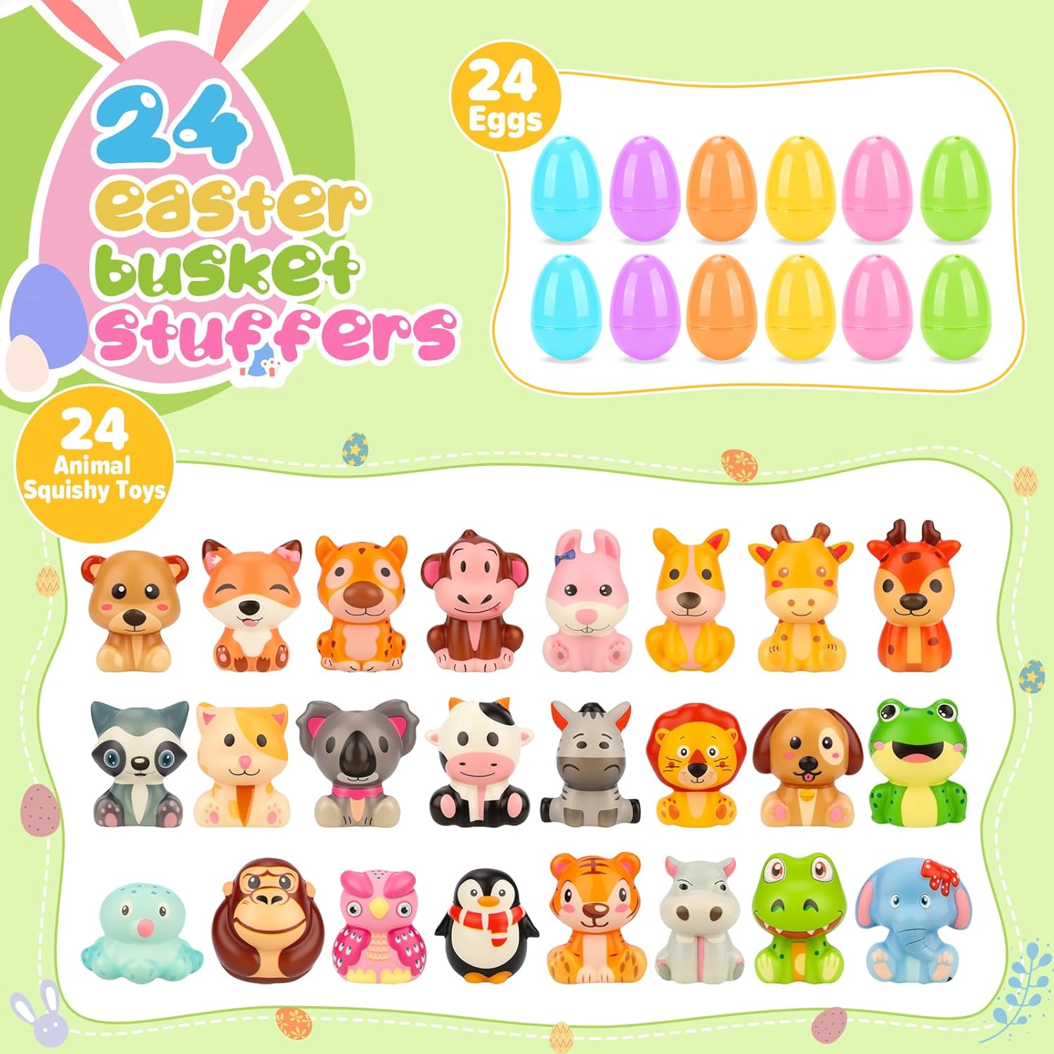 24 Pack Easter Eggs Fillers with Animal Squishy Toys Inside Toddler Easter Basket Stuffers Easter Egg Hunt Easter Party Favors for Kids