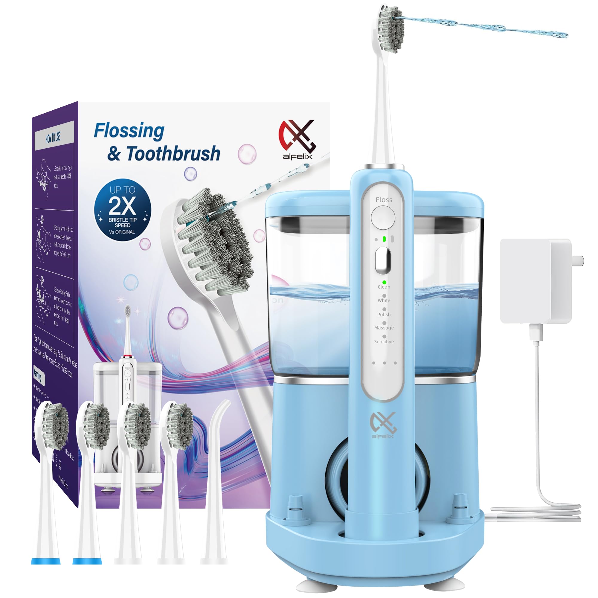 Professional Electric Toothbrush with Water Fin, 2-in-1 Electric Toothbrush and Water Flosser Combination, Electric Sonic Toothbrush, Cordless Flosser Brush (Blue)-image-9