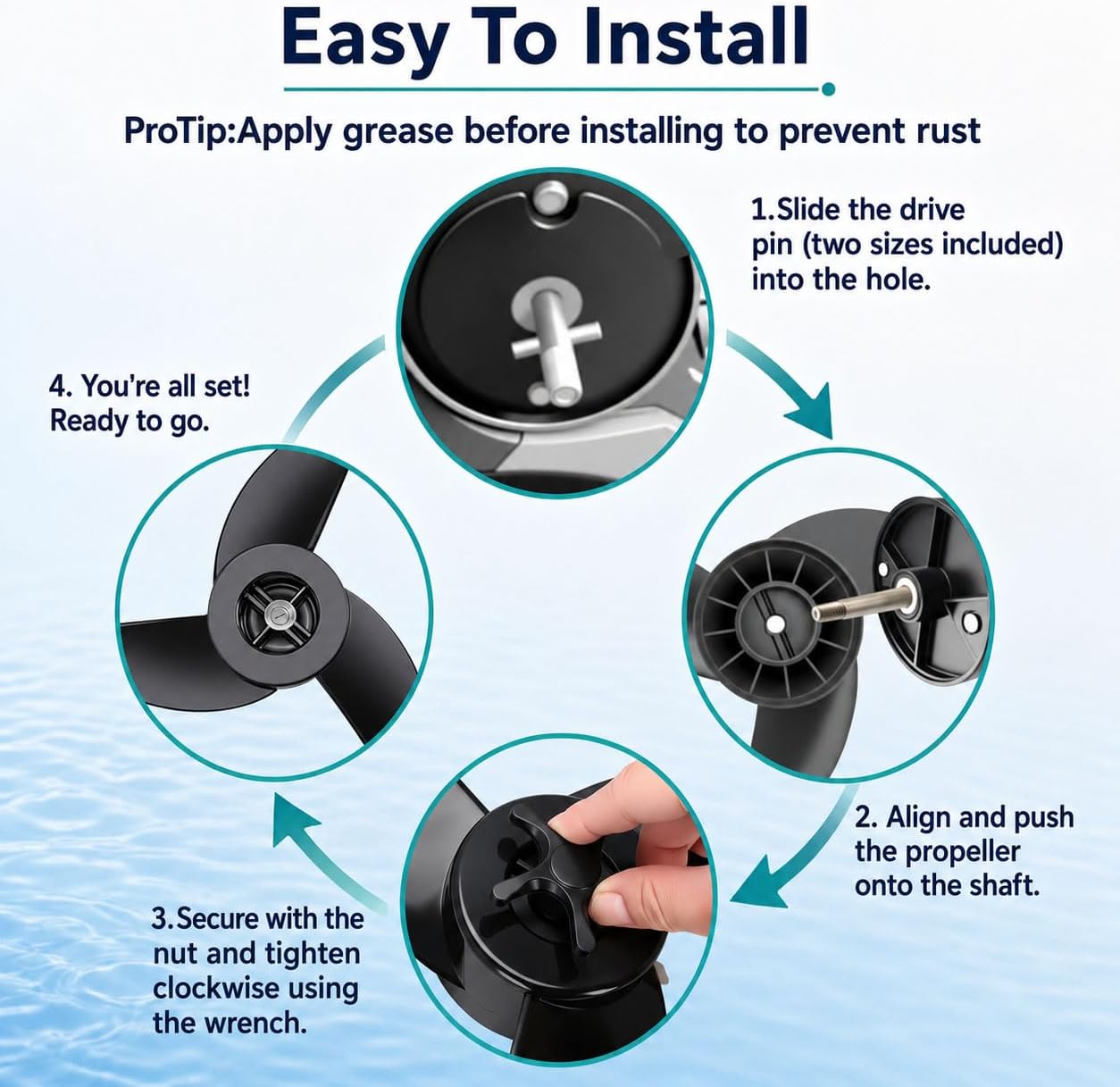 MGA089B 3-Blade Trolling Motor Propeller Compatible with MotorGuide 3.5" Hub Motors, Machete III Prop Replacement for R3 55lb, W55, Xi5 36v, 75 Wireless, Includes Wrench & 2 Drive Pins