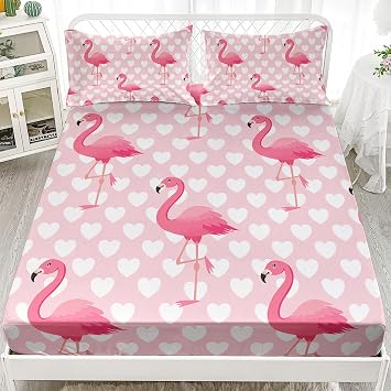 Tropical Pink Flamingo Love Heart Pattern Fitted Sheet Set 3Pcs Kids Kawaii Quilt Bed Sheets Twin Cute Flamingo Bedding Set for Boys Teens Adult Includes 1 Fitted Sheet,2 Pillowcases