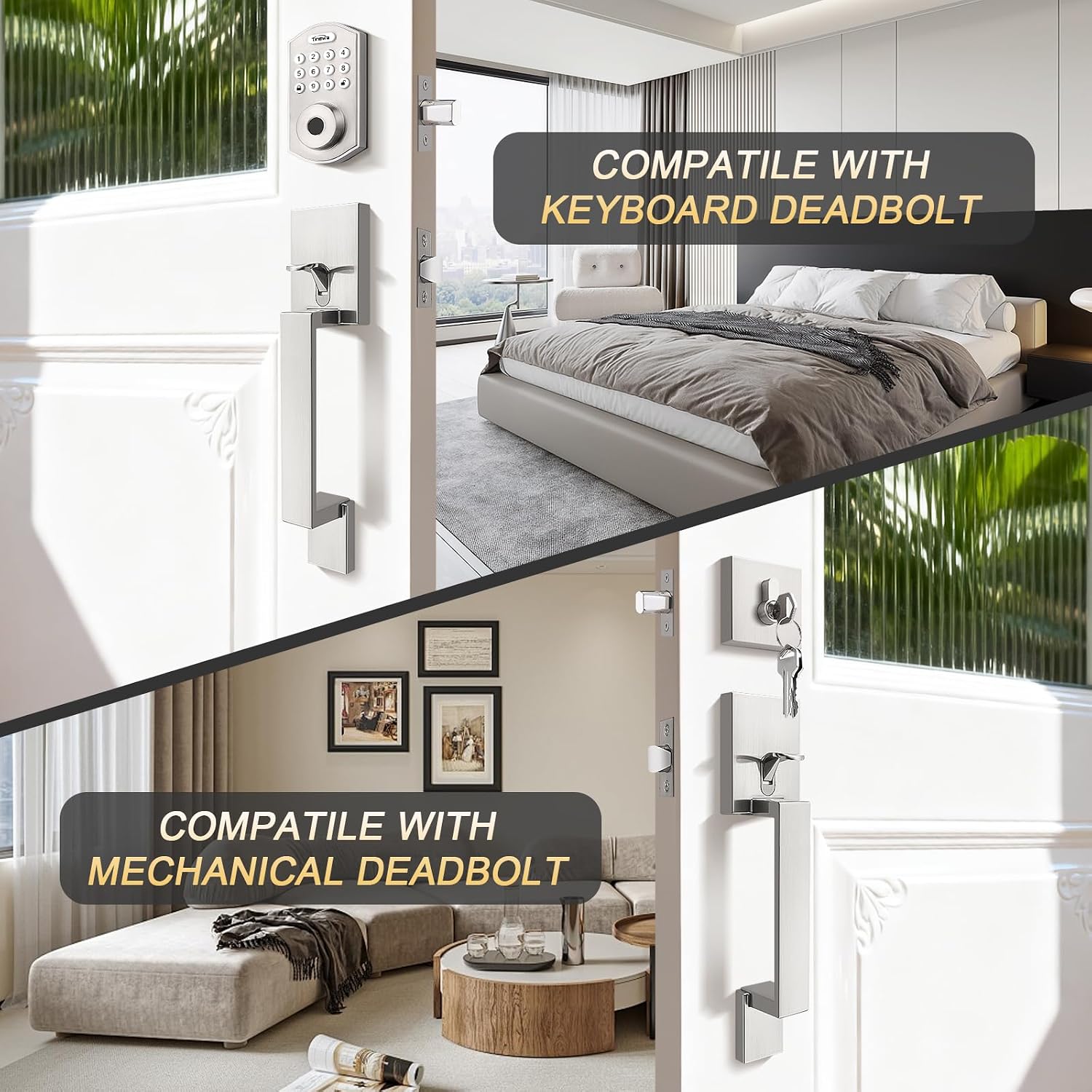 Satin Nickel Front Door Handle, Brushed Nickel Entry Handleset, Single Cylinder Front Door Handle Only, Reversible for Right and Left Door