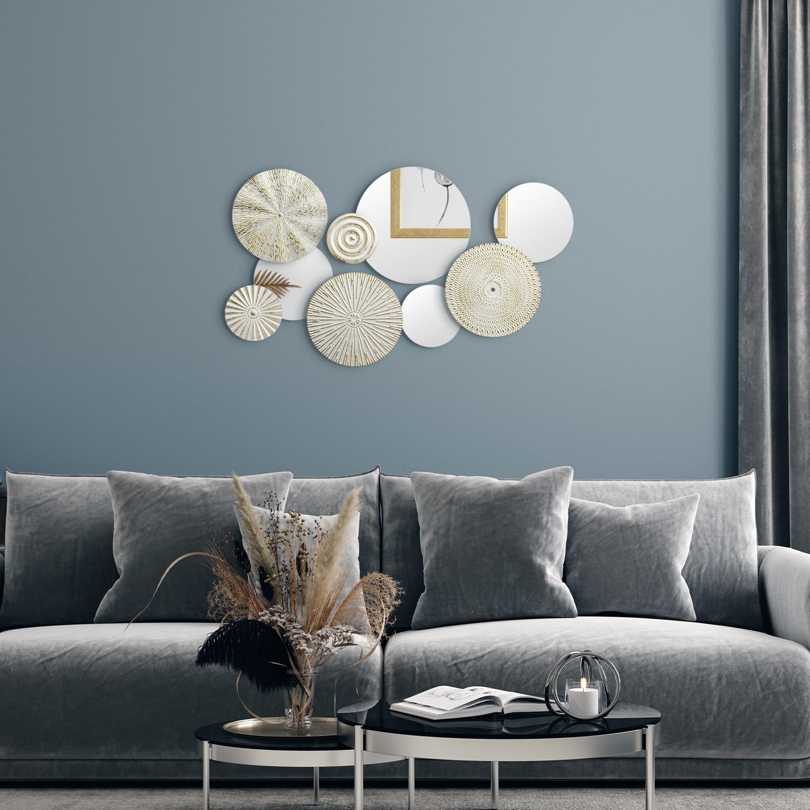 Blulu Lot de 9 miroirs décoratifs muraux en métal - Plaques Rondes et Modernes - Grande Sculpture Murale pour Salon, Bureau, Chambre, Cuisine, Couloir (Blanc, doré)