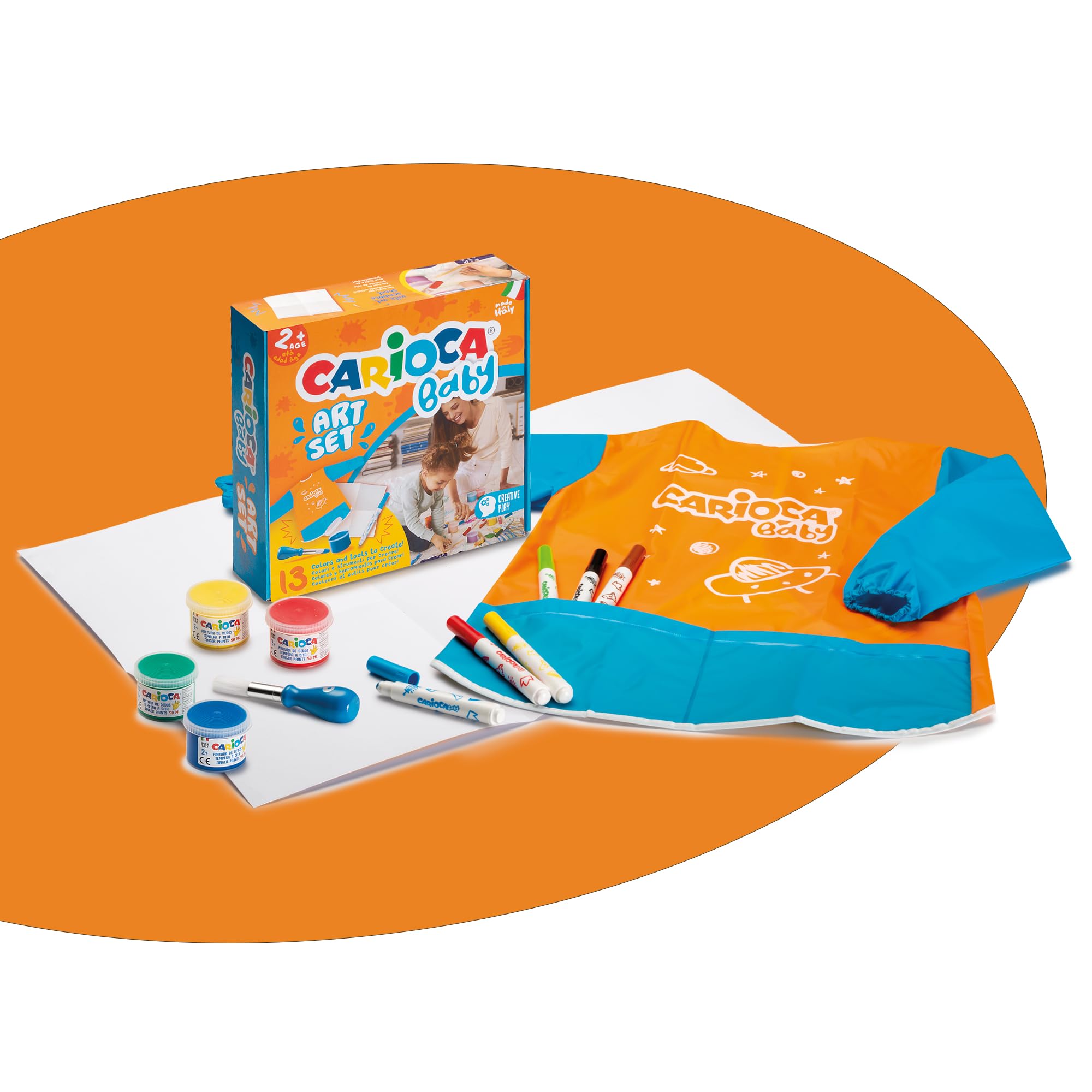 Carioca Caja de Juego para Bebé 2+ | Set de 12 Productos para Bebés + 1 Hoja de Papel 70x45 cm | Incluye Rotuladores, Témpera, Pincel, Delantal y Hoja de Papel | 13 piezas