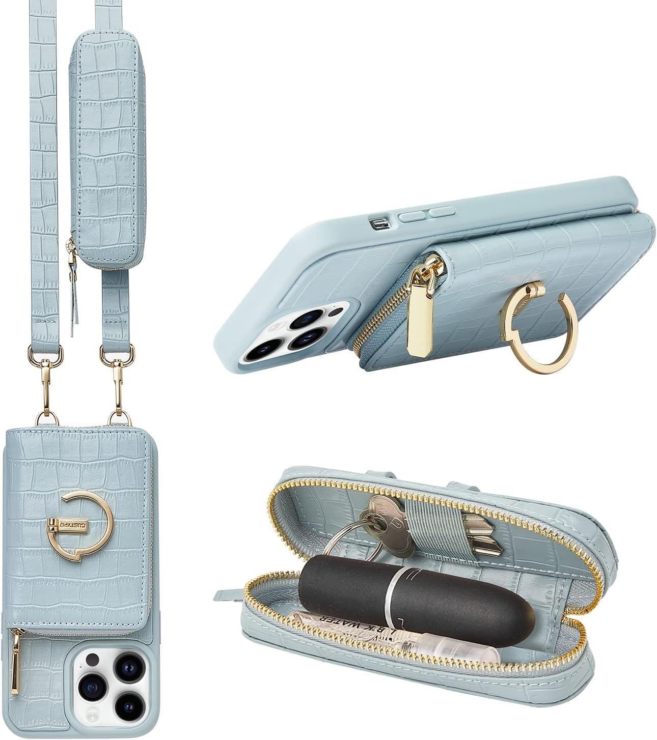 CUSTYPE for iPhone 14 Pro Max Phone Case Wallet with Strap Wrist for Women, Crossbody Purse Case with Card Holder Lipstick Pouch, Protective Leather Case with Ring for Apple 14 Pro Max 6.7inch, Blue