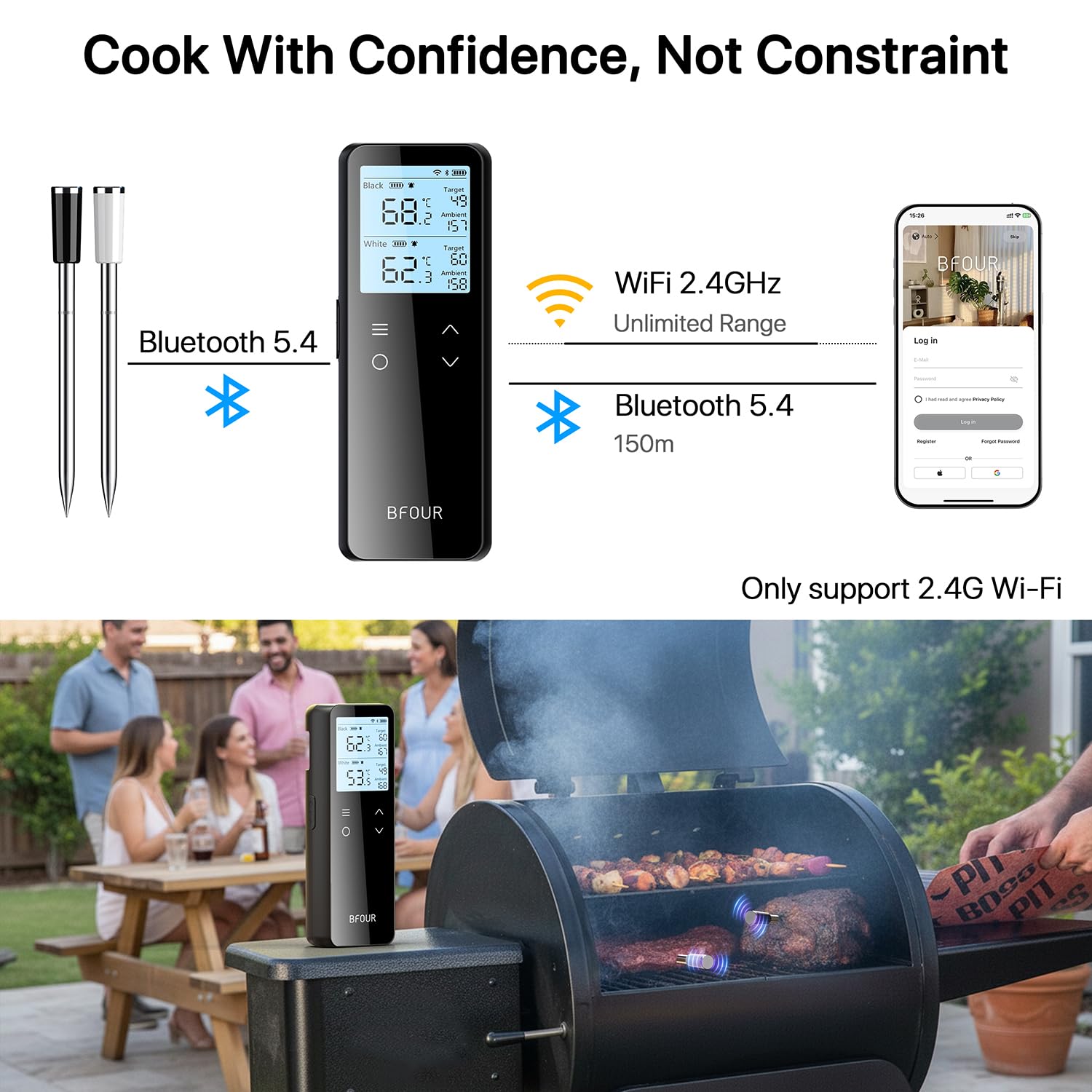 BFOUR Termometro per carne senza fili con WiFi e Bluetooth, 100% impermeabile con 2 sonde, doppio monitoraggio della temperatura per barbecue, forno, arrosto – BF-80