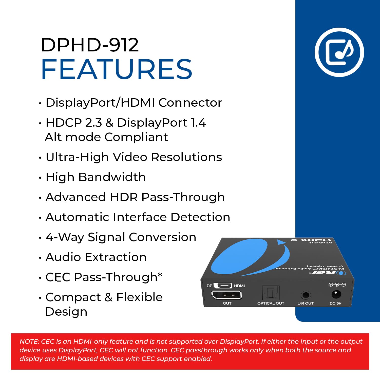 OREI 8K DP|Extractor y convertidor de audio HD - SPDIF + salida de 3.5 mm - HDCP 2.3 - 8K @30Hz DP / 4K @60Hz HDMI - Dolby Digital/DTS - CEC, HDR, Dolby Vision (DPHD-912)
