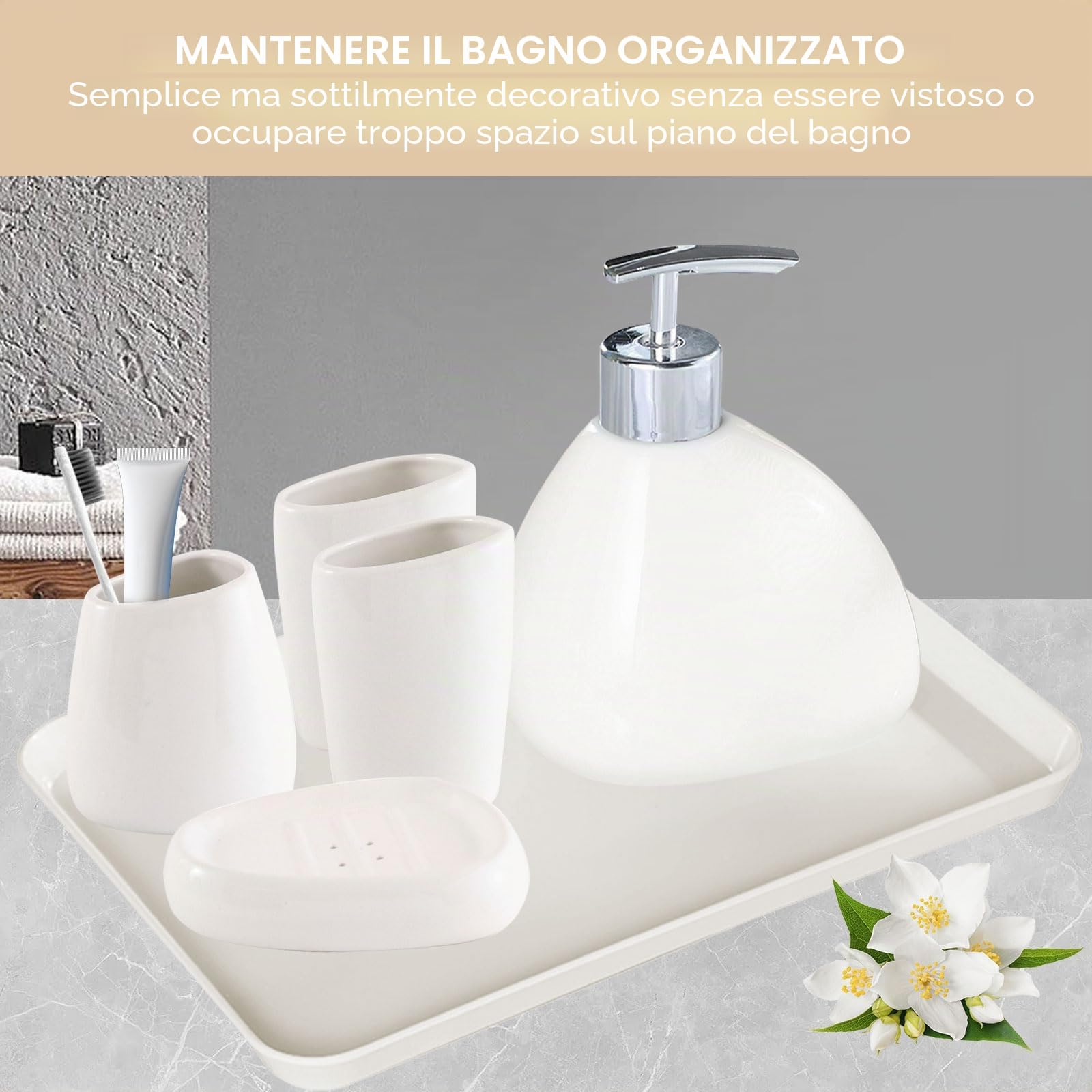 Set Bagno Accessori Completo in Ceramica, 6 Pezzi Set Accessori Bagno Moderno Include Dispenser di Sapone, Portaspazzolino, Coppetta per Collutorio, Scatola per Sapone e Vassoio, Bianco