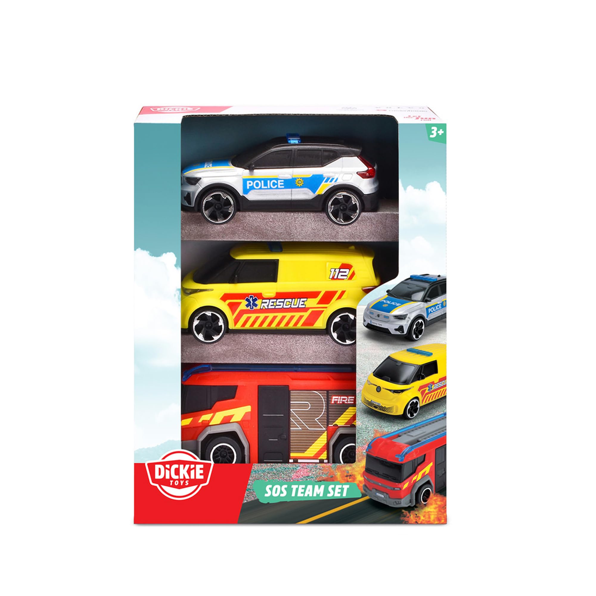 Dickie Equipo SOS 16CM. Set de emergencias; Ambulancia, Bomberos y policia. A Partir de 3 años (203712028038)
