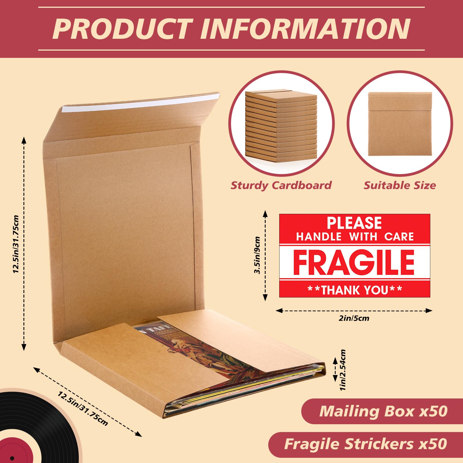 Maxdot Confezione da 50 scatole per spedizioni di dischi in vinile, 31,8 x 31,8 x 2,5 cm, con adesivi fragili, scatole di cartone protettive per imballaggio, spostamento postale