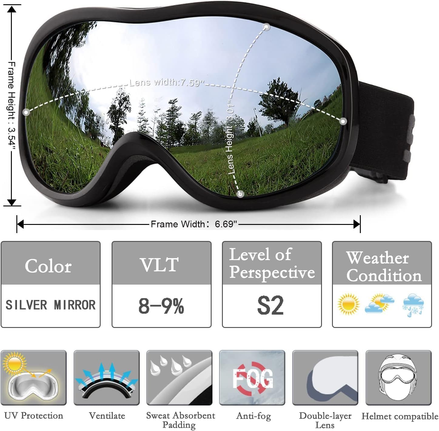 Ski Goggles Over Glasses with Dual lens, Anti-fog Anti-UV Snow Goggle for Men Women Youth Skiing Snowmobile with Big Large Hard Sports Glasses Case