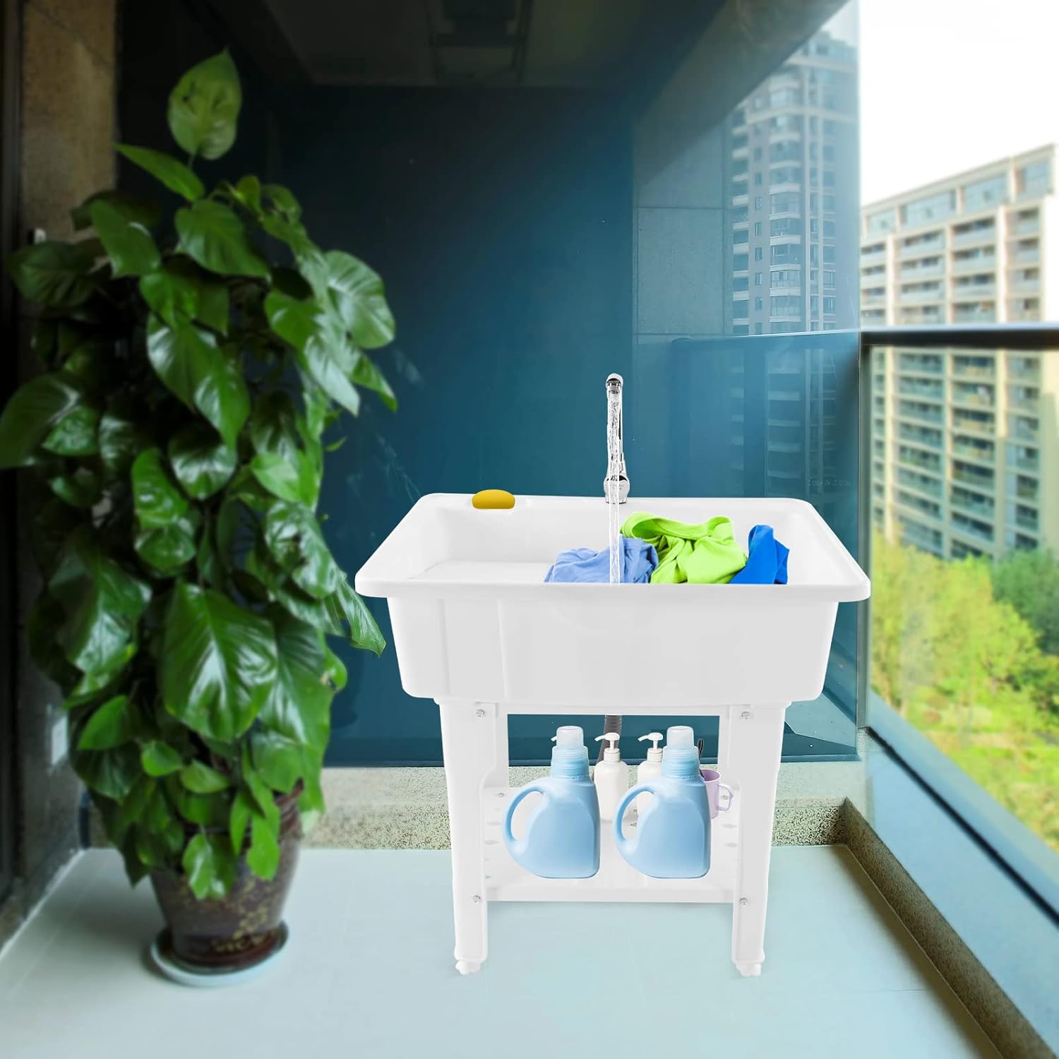 Freestanding Plastic Utility Sink w/Washboard Laundry Sink 31.5" × 22.05" × 31.5" Outdoor and Indoor Washing Hand Basin w/Hot and Cold Faucet for Washing Room, Basement, Utility Room, Garage