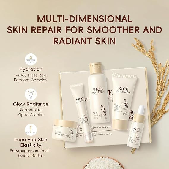 5PCS Korean Skincare Set, Rice Skin Care Sets & Kits-Cleanser,Serum,Toner,Cream,Eye Cream,Christmas Birthday Gifts for Women, Mom, Friend, Glass Skincare Kit