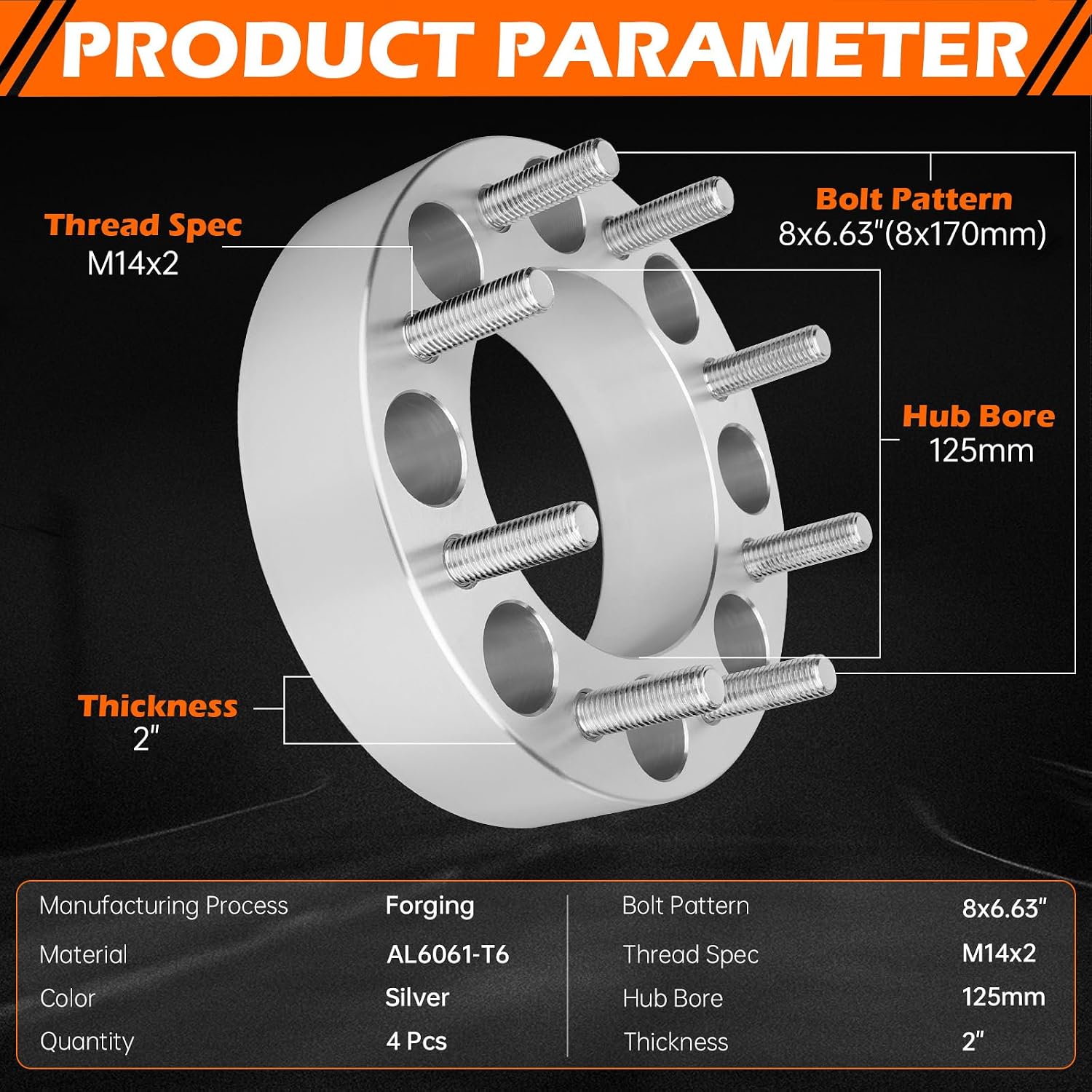 GAHA 8x170 Wheel Spacers Compatible for Ford F-250/F-250 Super Duty/F-350/F-350 Super Duty 1999-2004, Excursion 2000-2002, 125mm Hub Bore, M14x2 Forged Wheel Adapters 2 inch, 4PCS