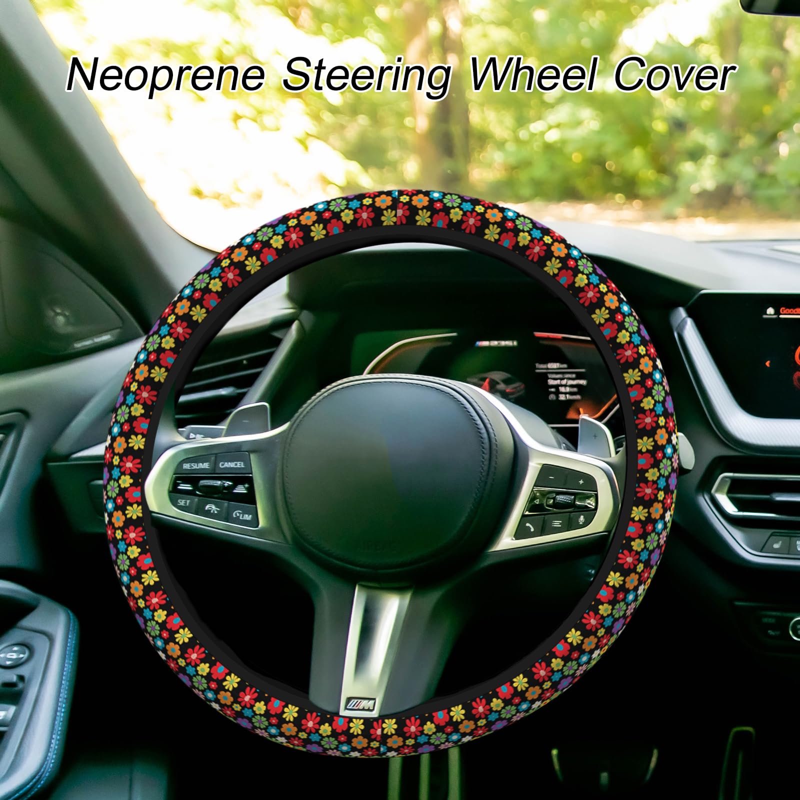 Cute Flower 15 Inch Steering Wheel Cover - Rainbow Rose Tulip Sunflower Blossom - Universal Car Accessory — view 4