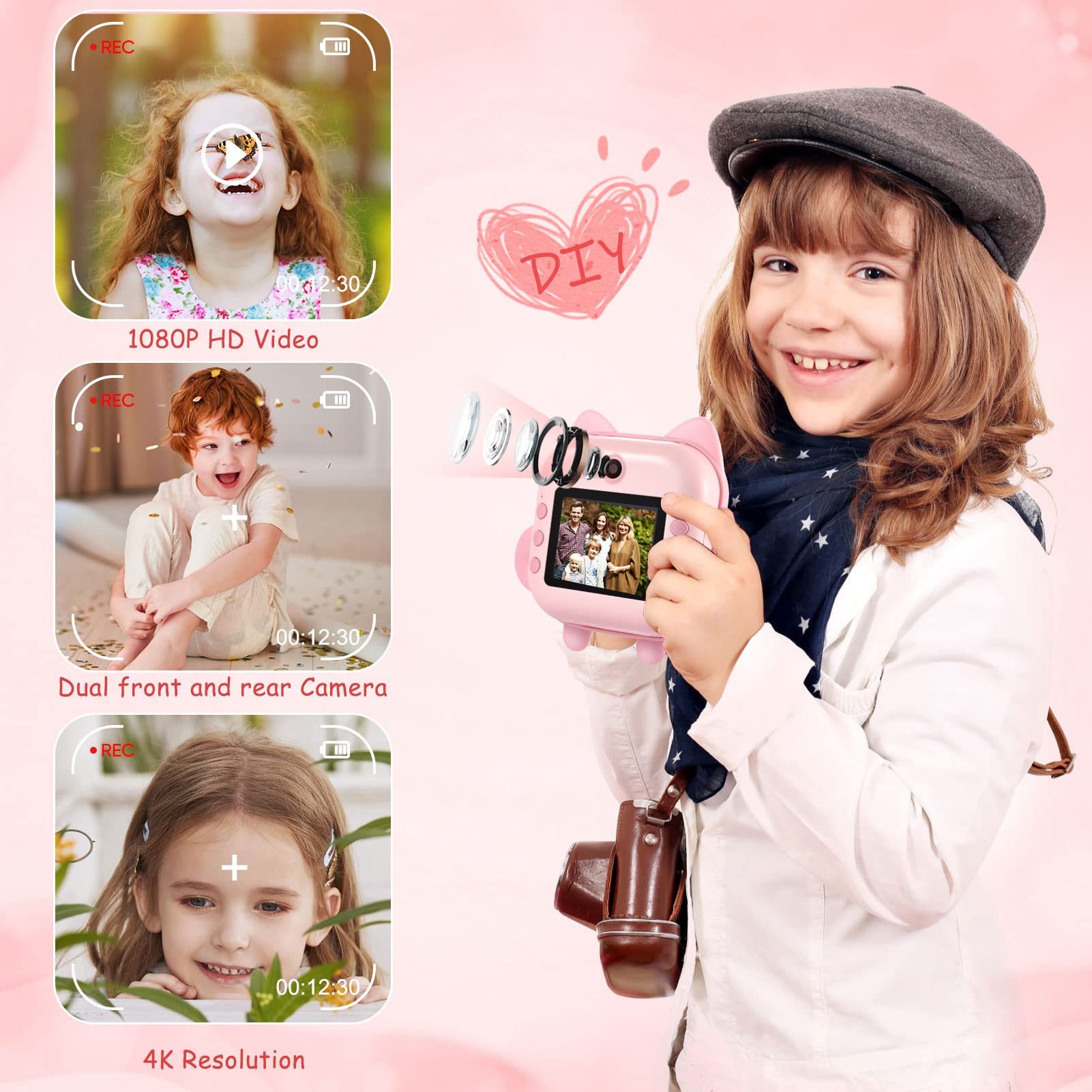 Aomdom Kinderkamera Sofortbildkamera 1080P 2,4 Zoll 10X Zoom Zero Ink Print-Papier 32G-Karte