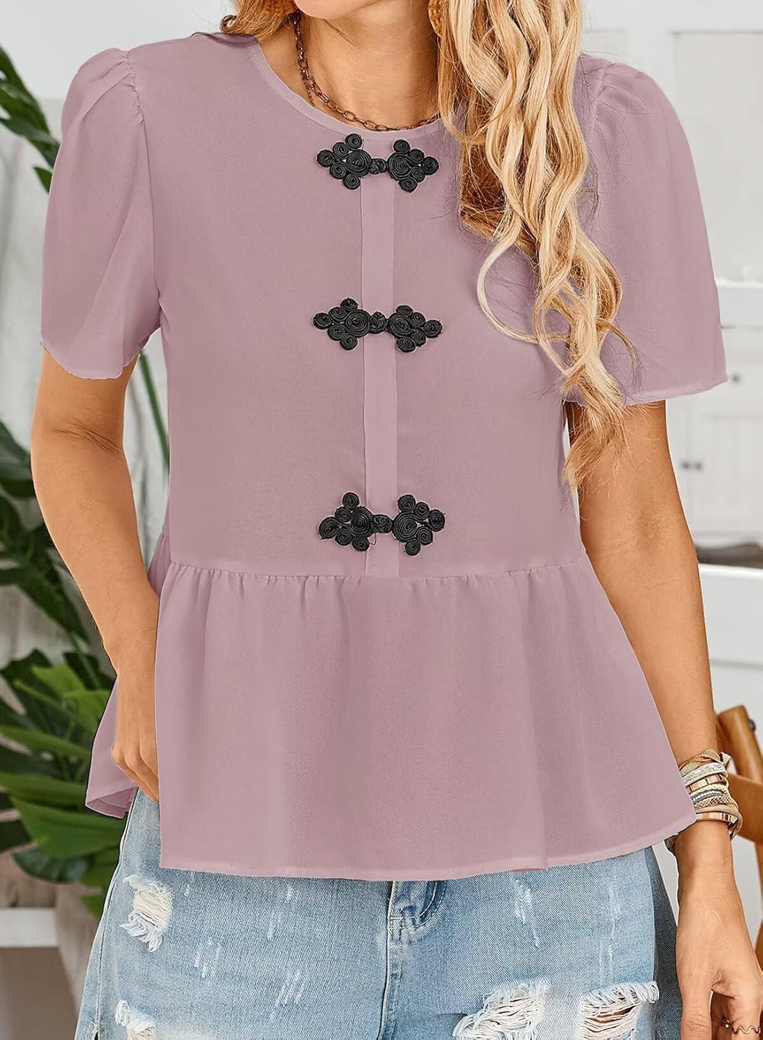 Women's Tunics Babydoll Top Short Sleeve Summer Tops Crew Neck Ruffle Pleated Blouse Tee Shirts - Image 6