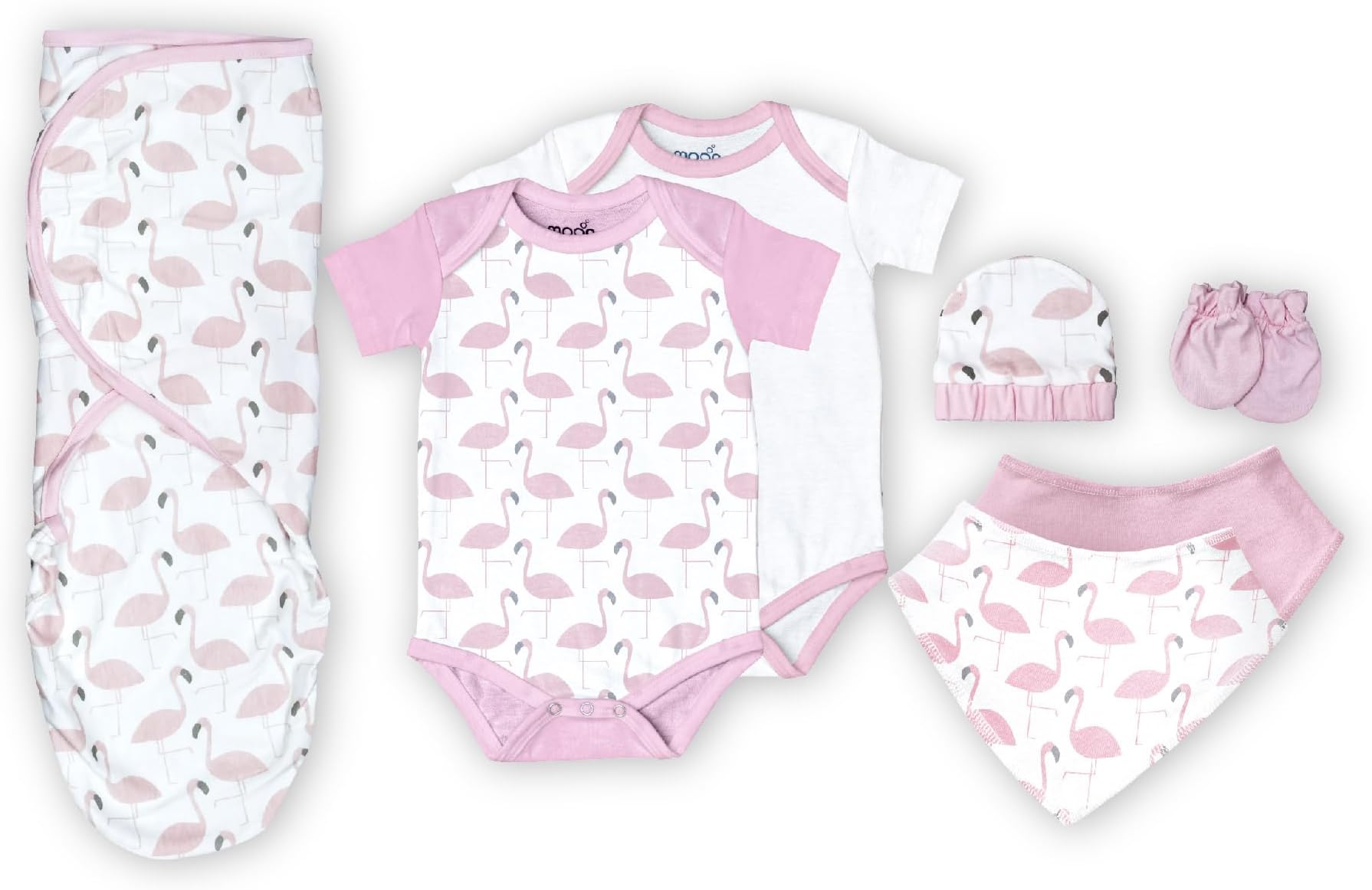 The Moon brandOrganic Baby Gift Set of 7 RompersSwaddleBibsHatMitten set– for 3-6 Months Full Sleeve, Pure Cotton Soft, Smooth, and Machine Washable Breathable Fabric - Pink