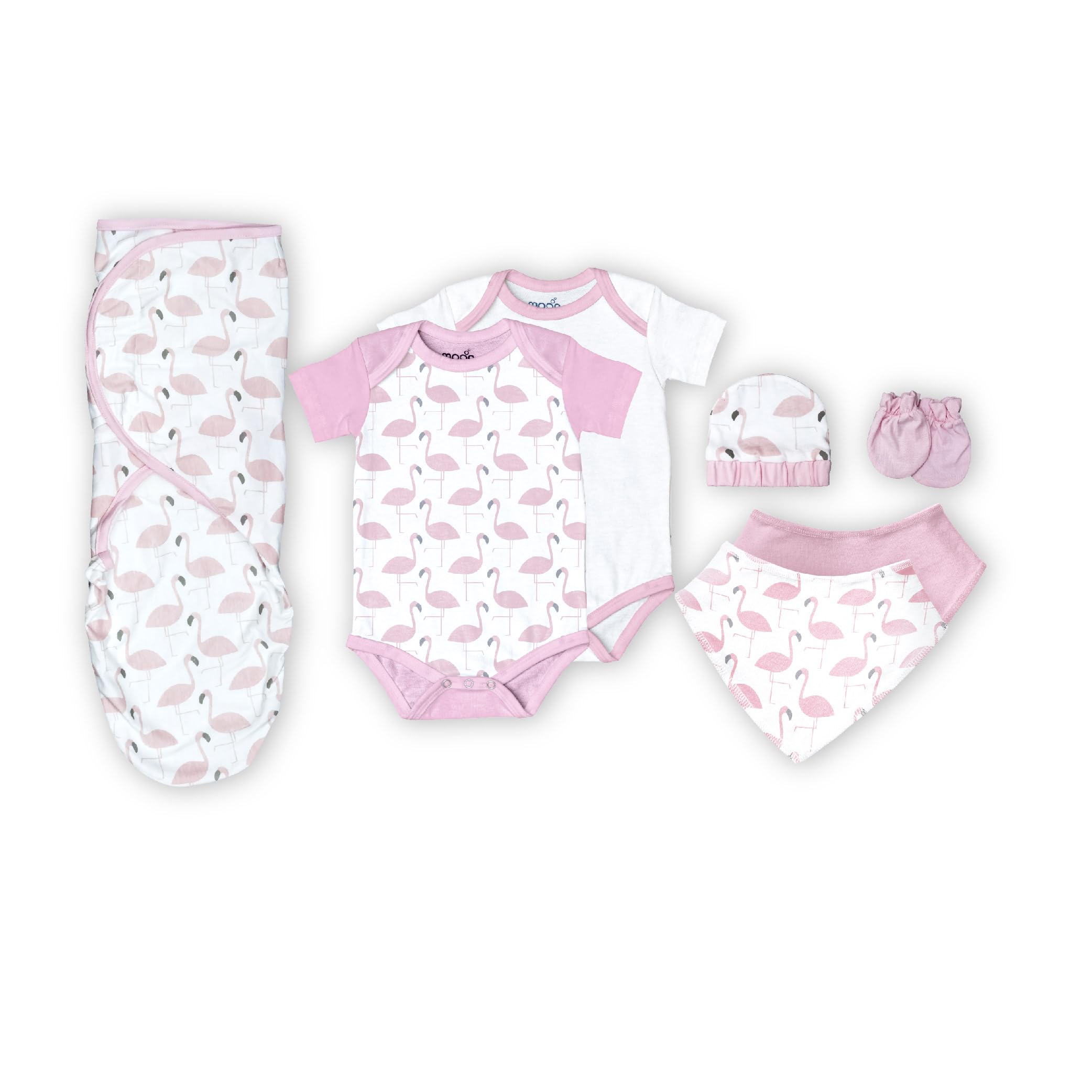 The Moon brandOrganic Baby Gift Set of 7 RompersSwaddleBibsHatMitten set– for 3-6 Months Full Sleeve, Pure Cotton Soft, Smooth, and Machine Washable Breathable Fabric - Pink