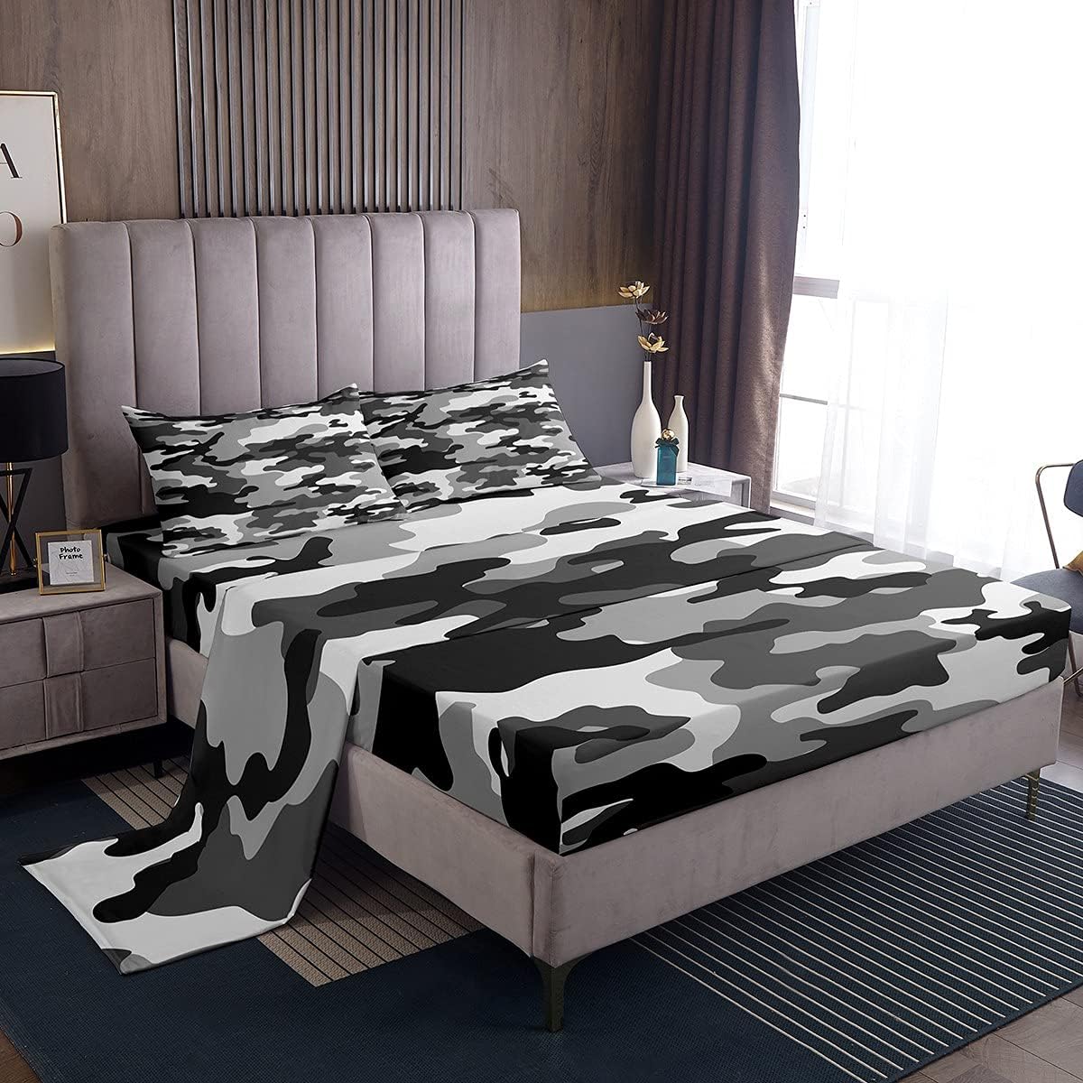Feelyou Boys Army Camouflage Sheet Set Teens Camo Bed Sheets Set for Kids Girls Adults Geometric Art Decor Bed Set Black Grey Sheets Full,1 Fitted Sheet+2 Pillow Sham+1 Flat Sheet Multi 9 Fu